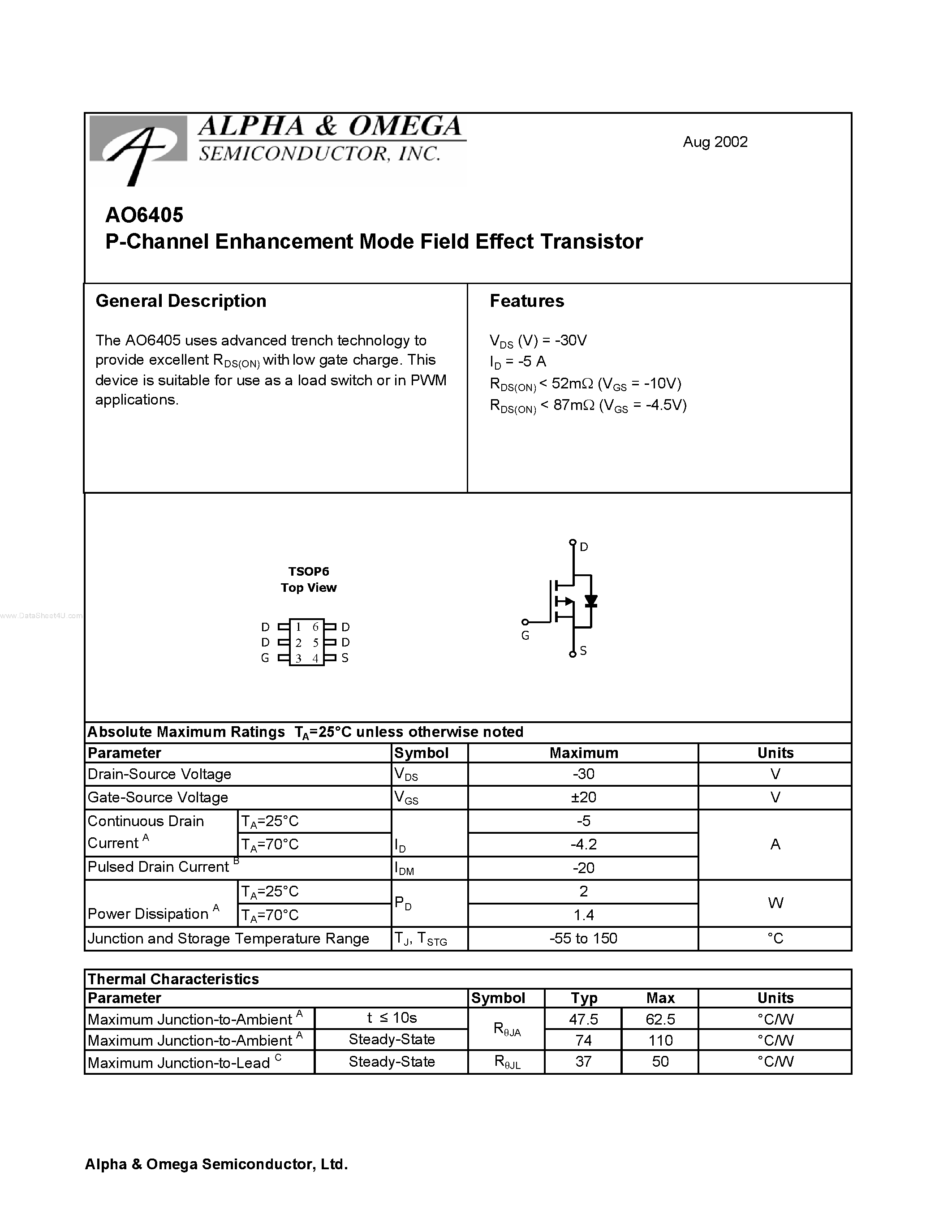 Datasheet AO6405 - P-Channel Enhancement Mode Field Effect Transistor page 1