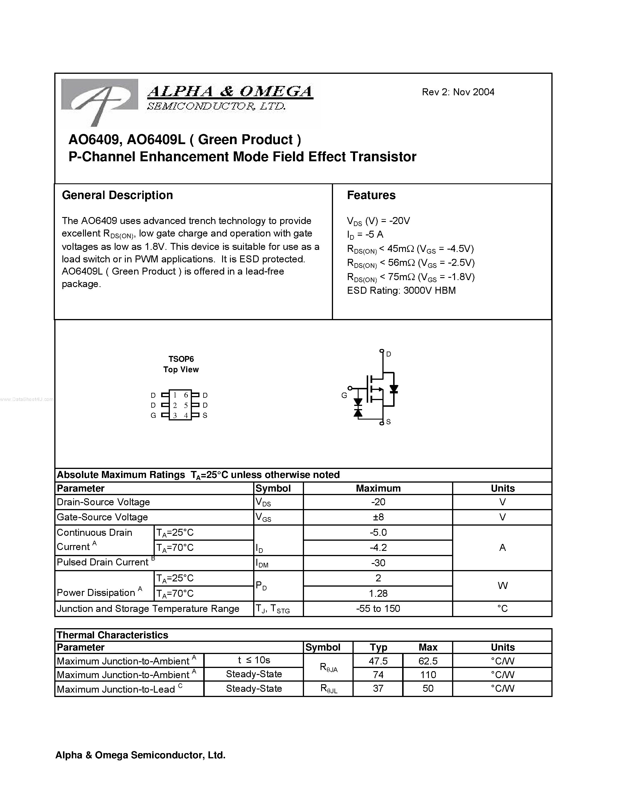 Datasheet AO6409 - P-Channel Enhancement Mode Field Effect Transistor page 1