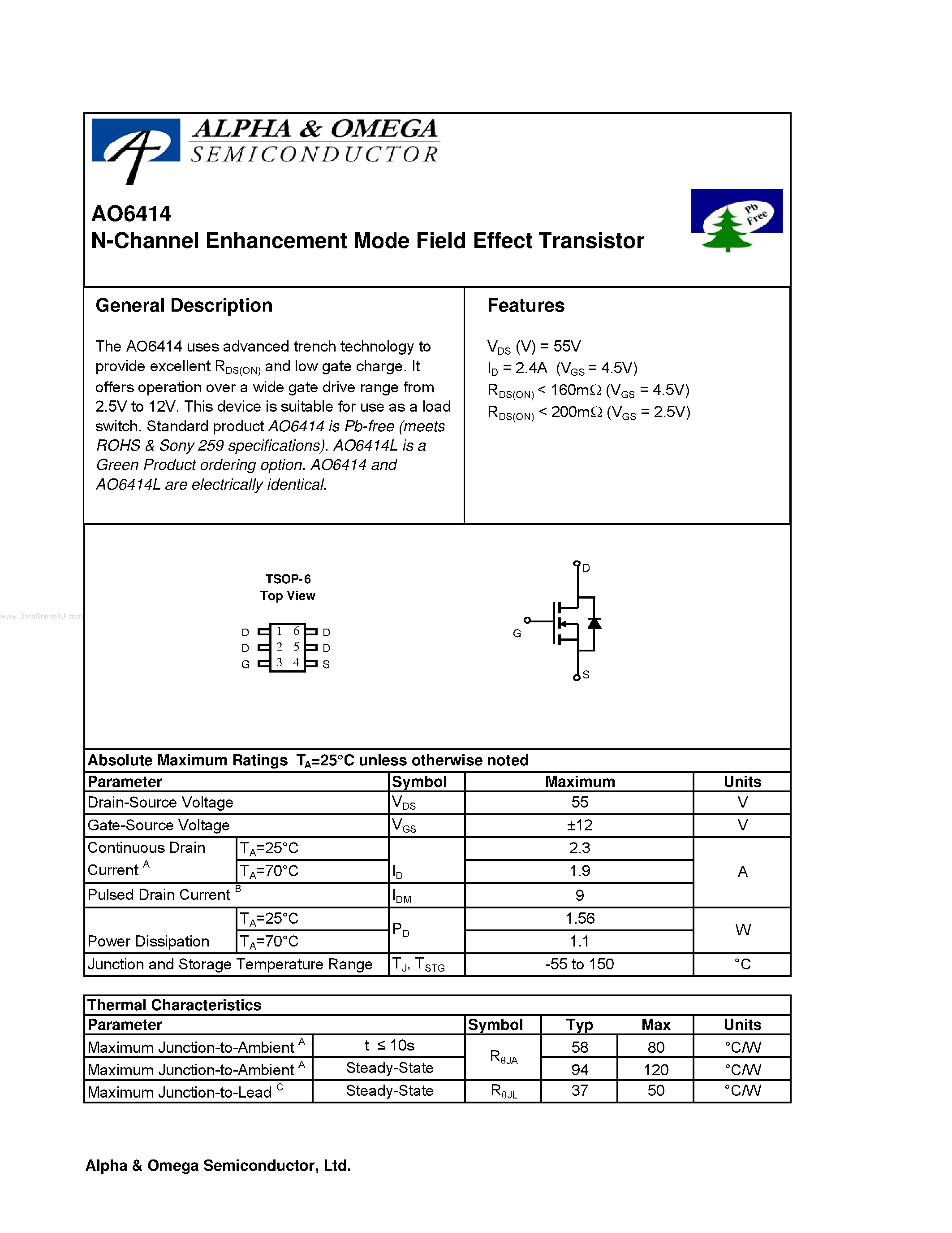 Datasheet AO6414 - N-Channel Enhancement Mode Field Effect Transistor page 1