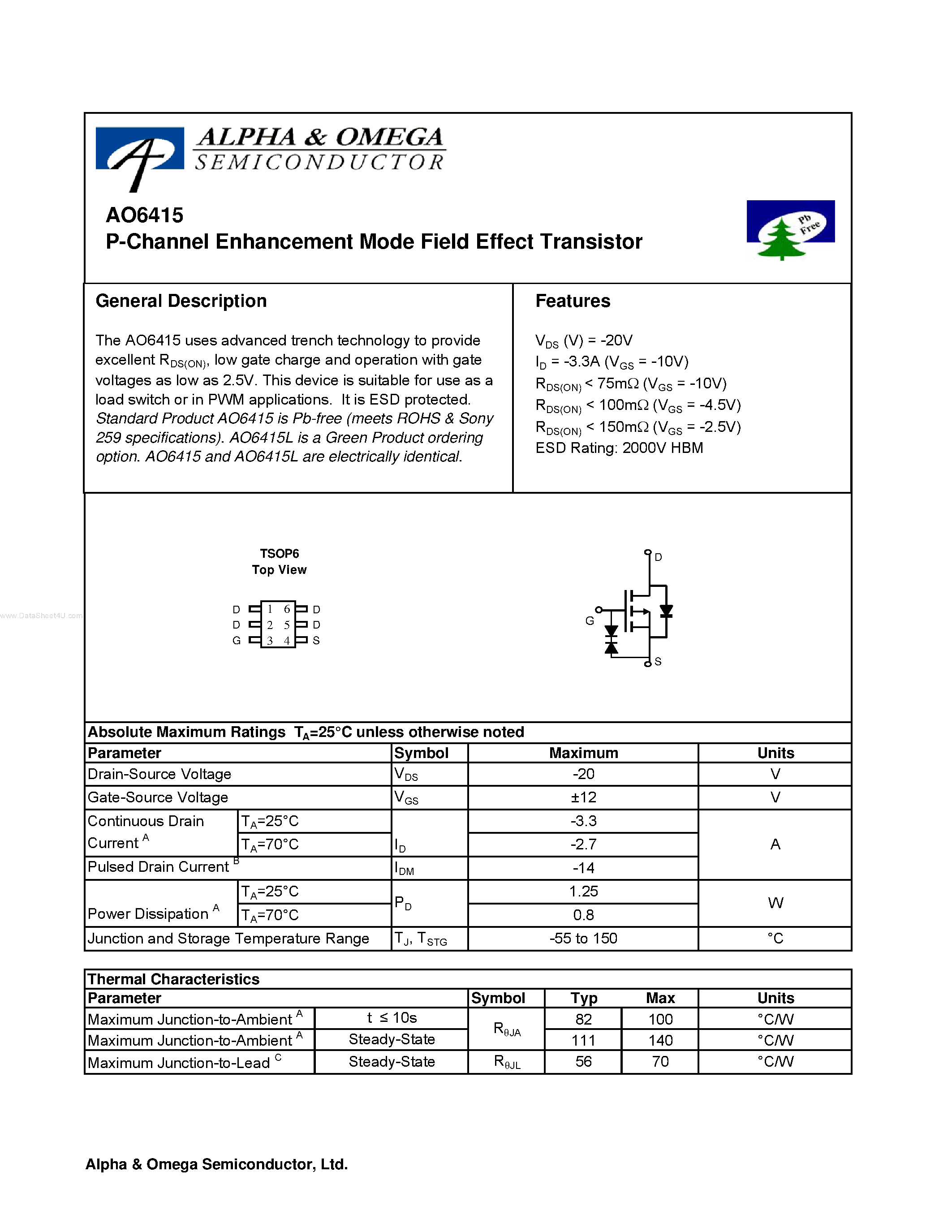Datasheet AO6415 - P-Channel Enhancement Mode Field Effect Transistor page 1