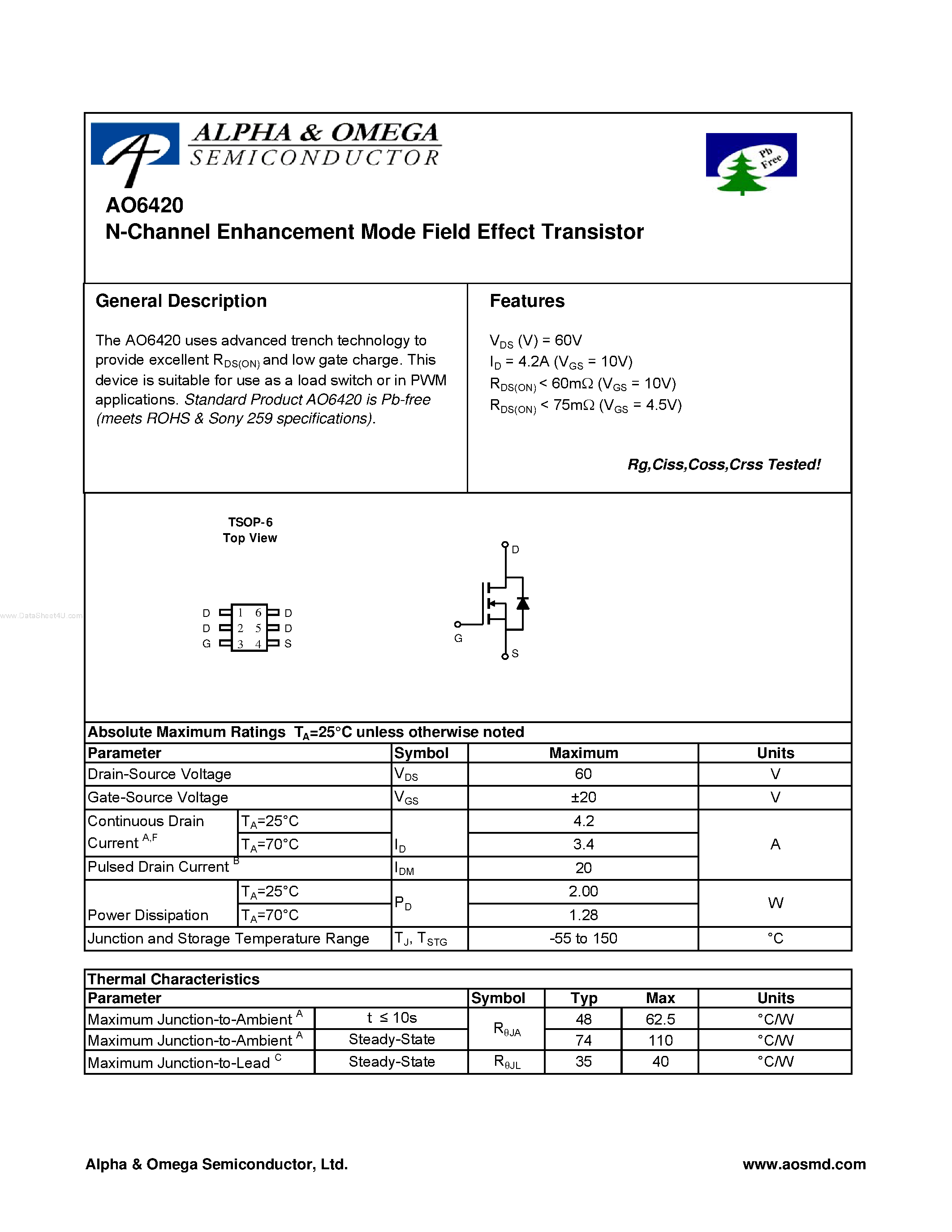 Datasheet AO6420 - N-Channel Enhancement Mode Field Effect Transistor page 1