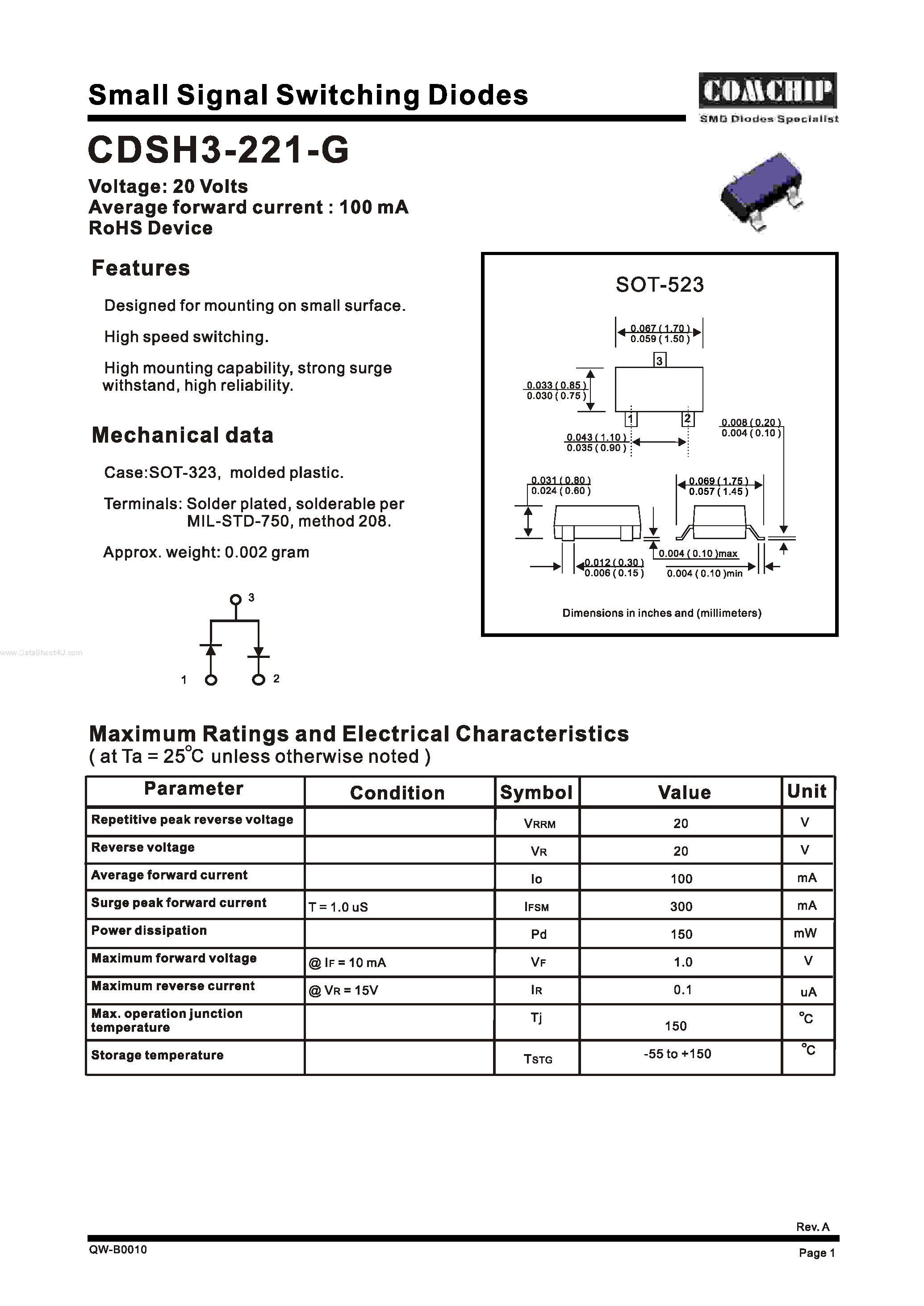 Даташит CDSH3-221-G - Small Signal Schottky Diodes страница 1