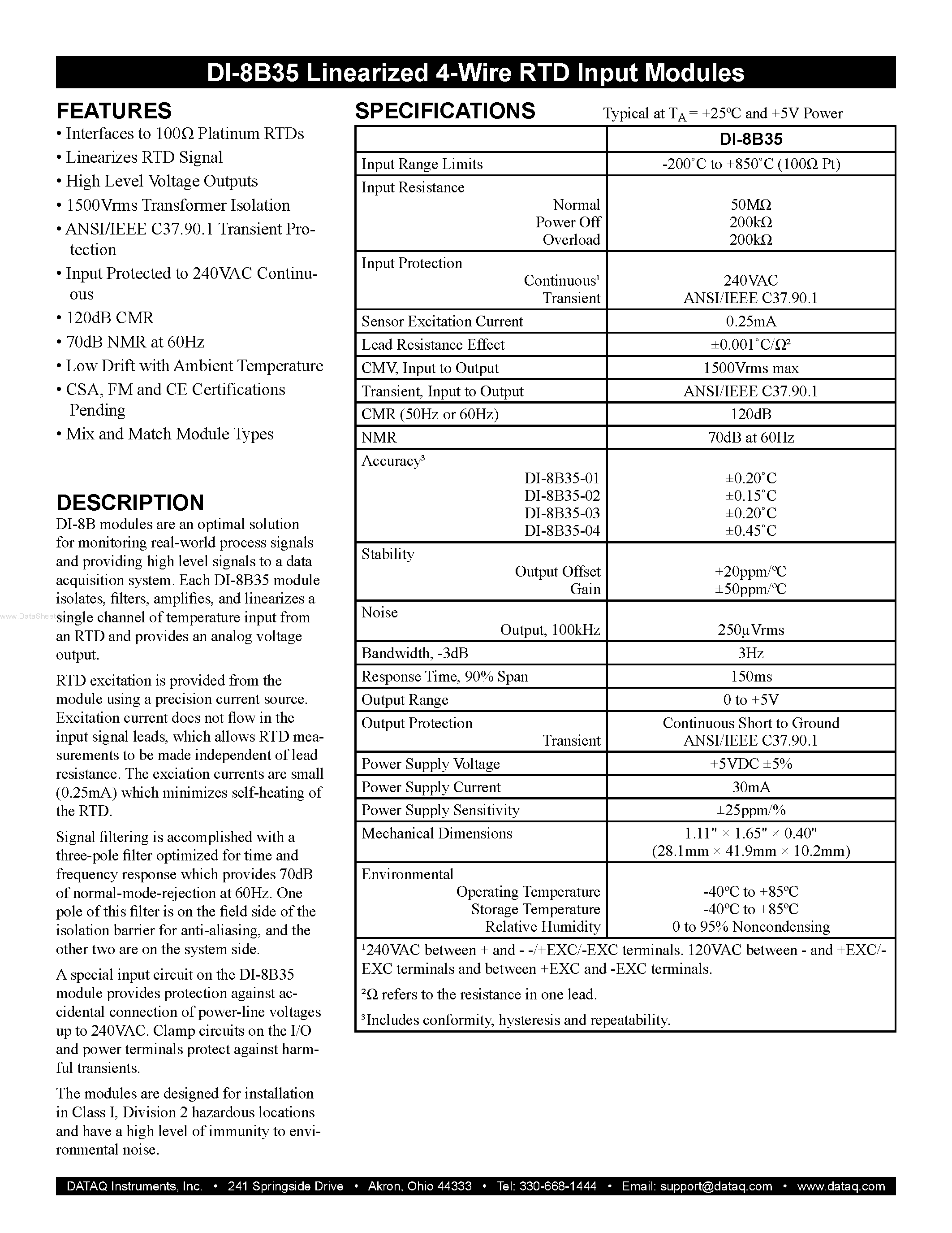 Datasheet DI-8B35 page 1 Datasheet DI-8B35 - Linearized 4-Wire RTD Input Modules page 1