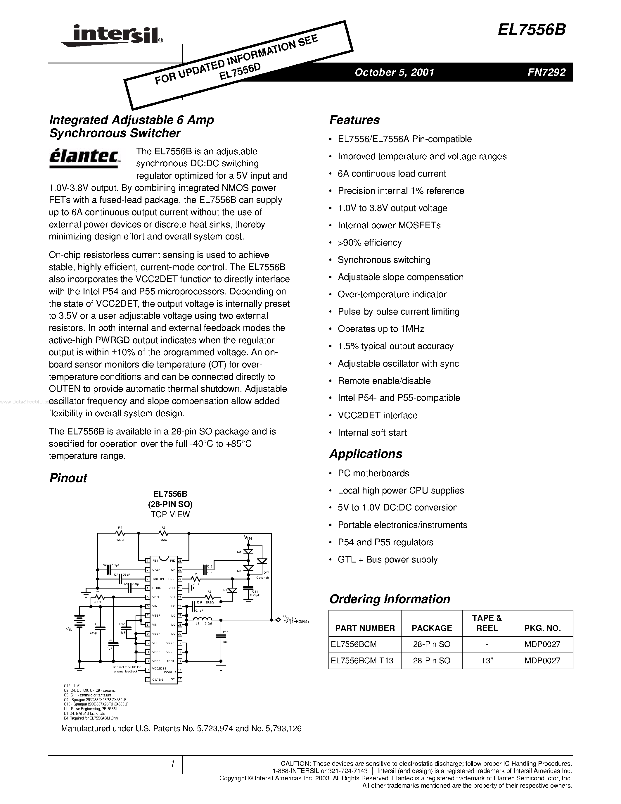 Datasheet EL7556B - Integrated Adjustable 6 Amp Synchronous Switcher page 1