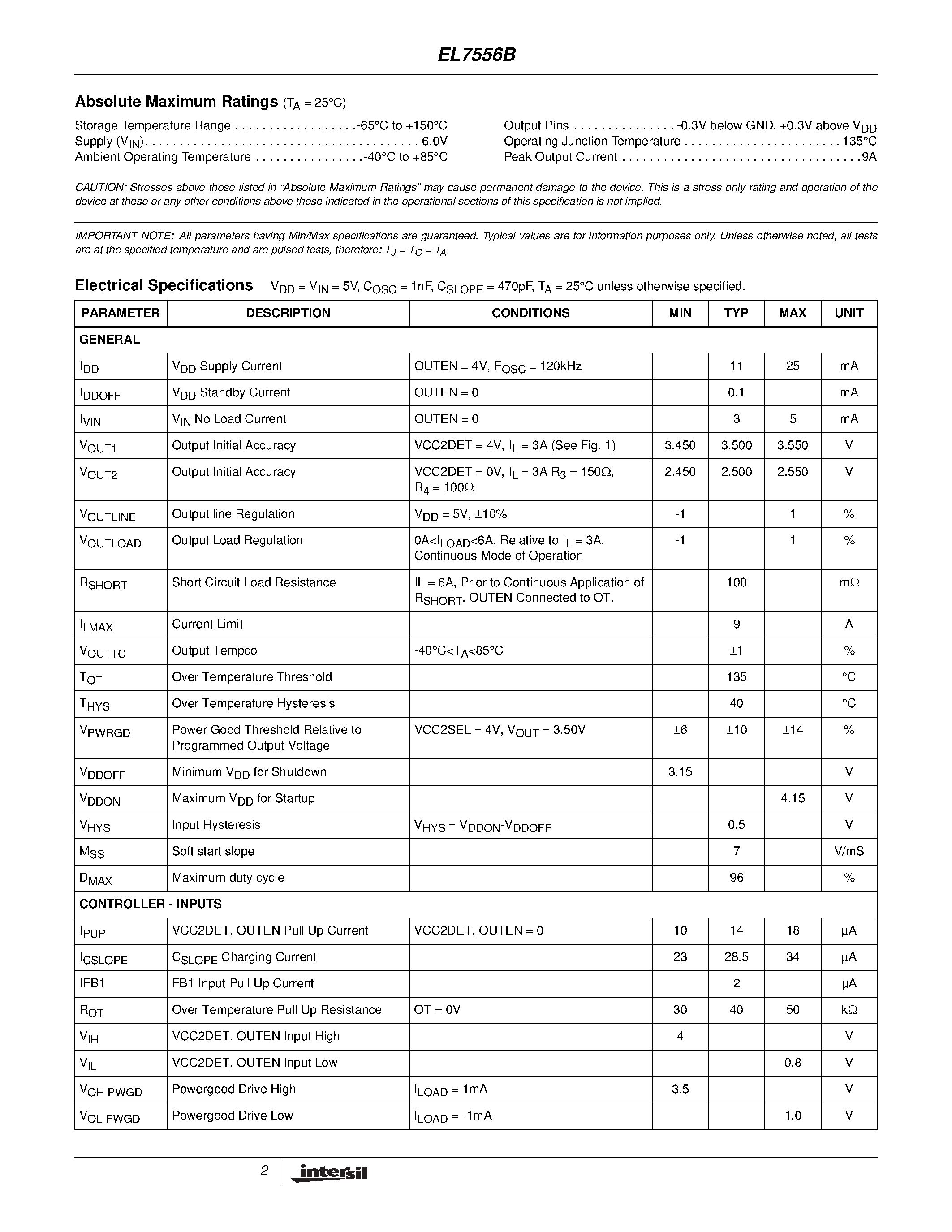 Datasheet EL7556B - Integrated Adjustable 6 Amp Synchronous Switcher page 2