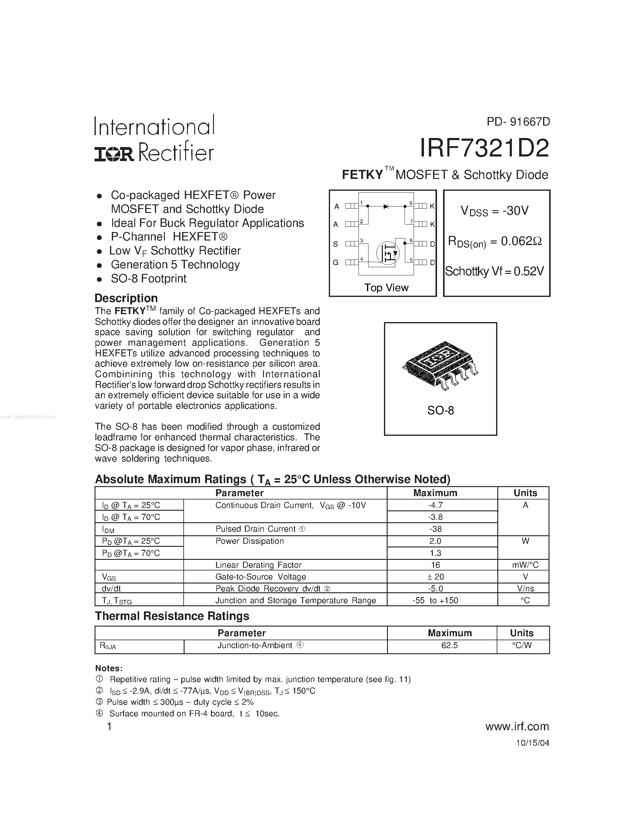 Datasheet IRF7321D2 - FETKY MOSFET & Schottky Diode page 1