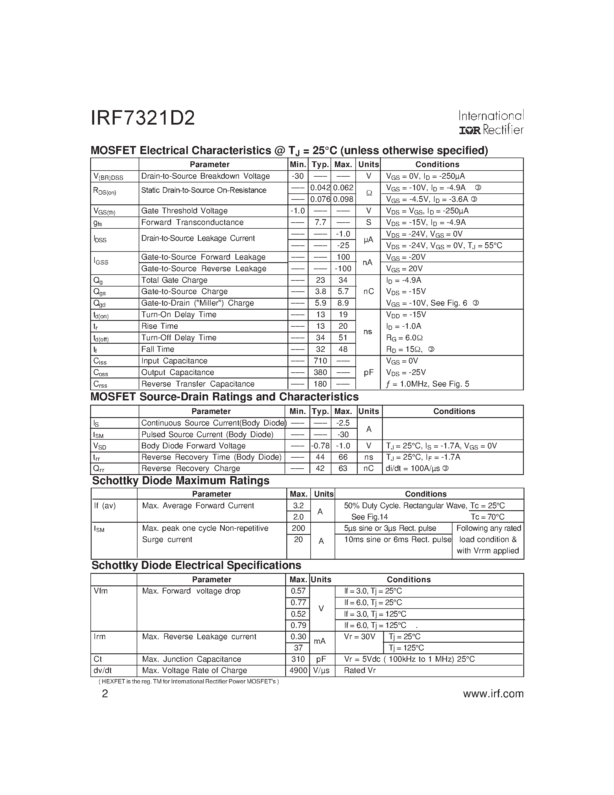 Datasheet IRF7321D2 - FETKY MOSFET & Schottky Diode page 2