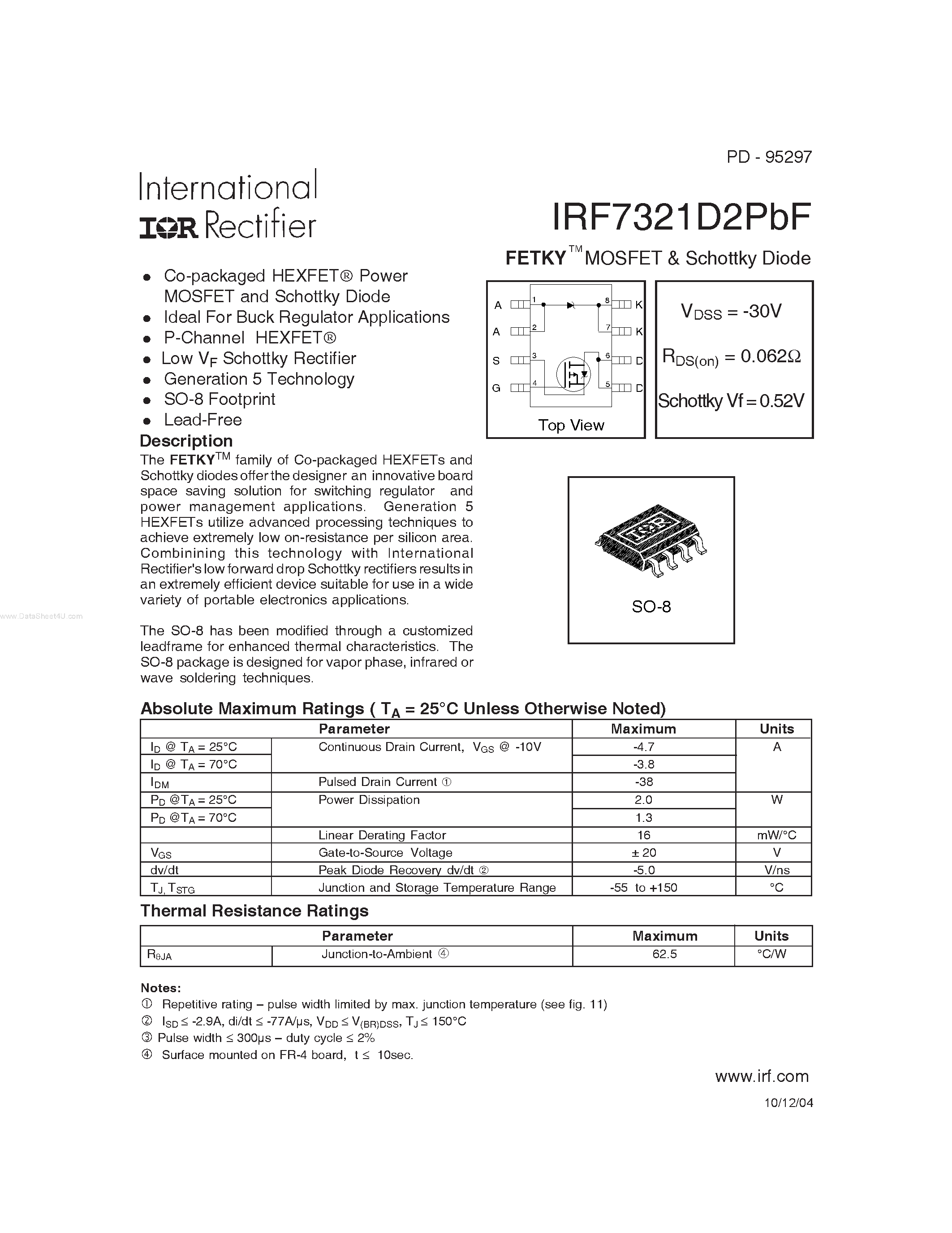 Datasheet IRF7321D2PBF - FETKY MOSFET & Schottky Diode page 1