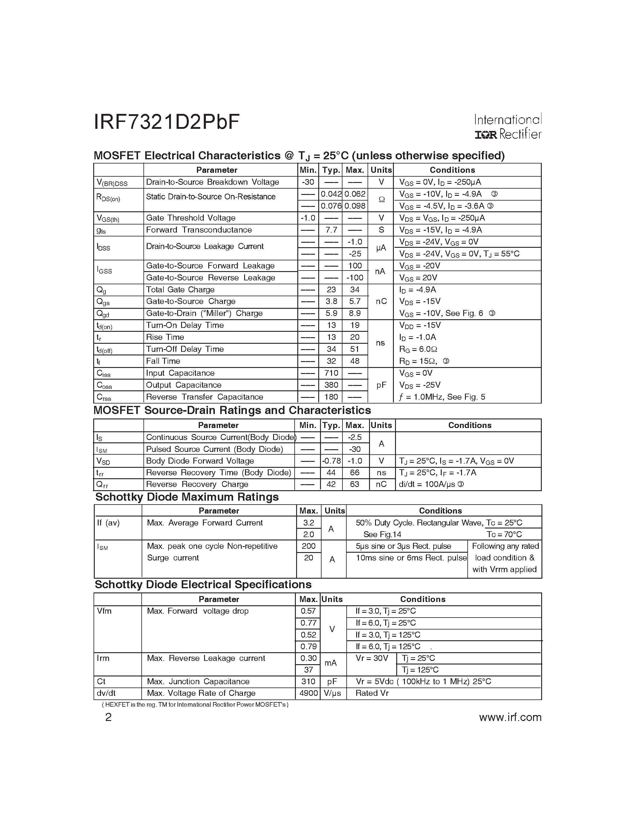 Datasheet IRF7321D2PBF - FETKY MOSFET & Schottky Diode page 2