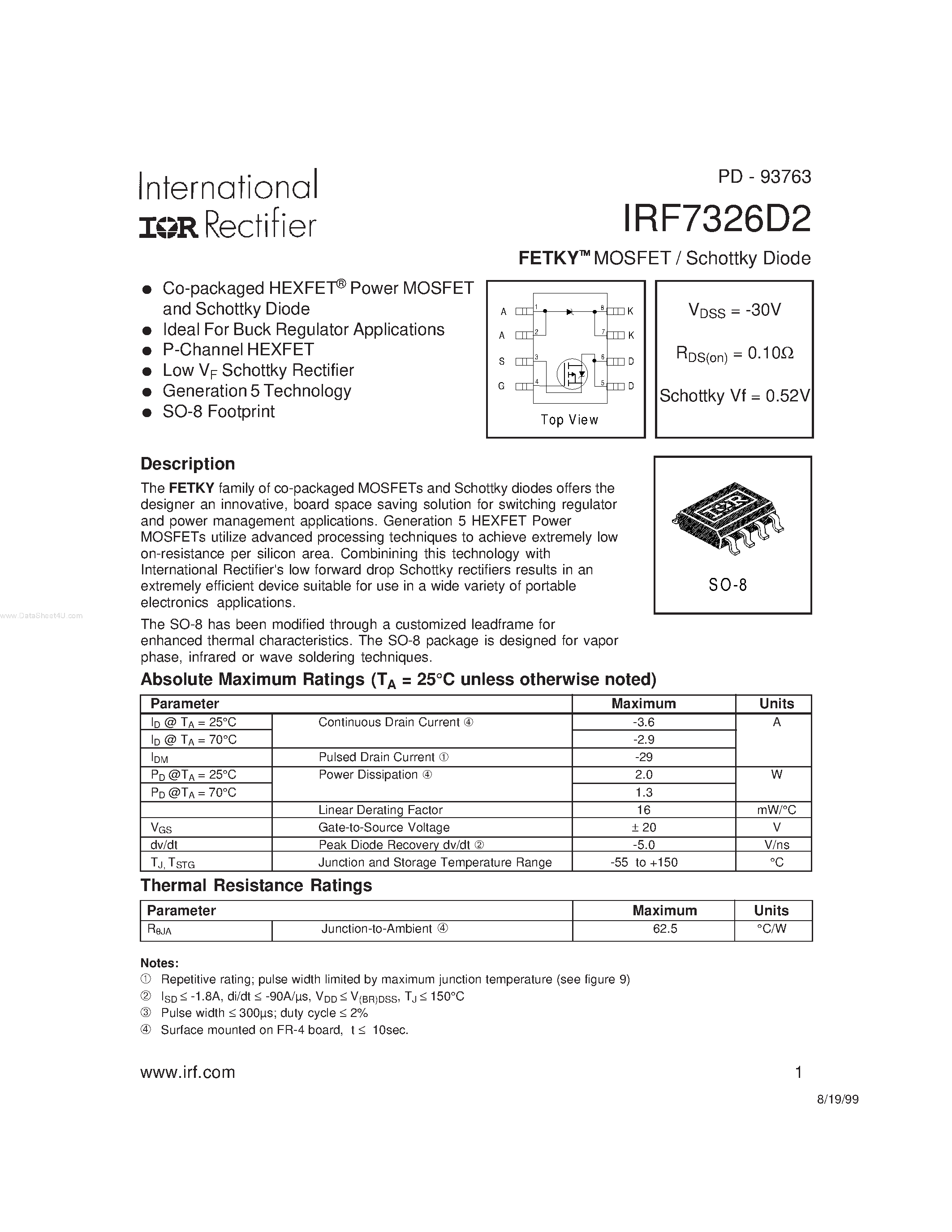 Datasheet IRF7326D2 - FETKY MOSFET / Schottky Diode page 1