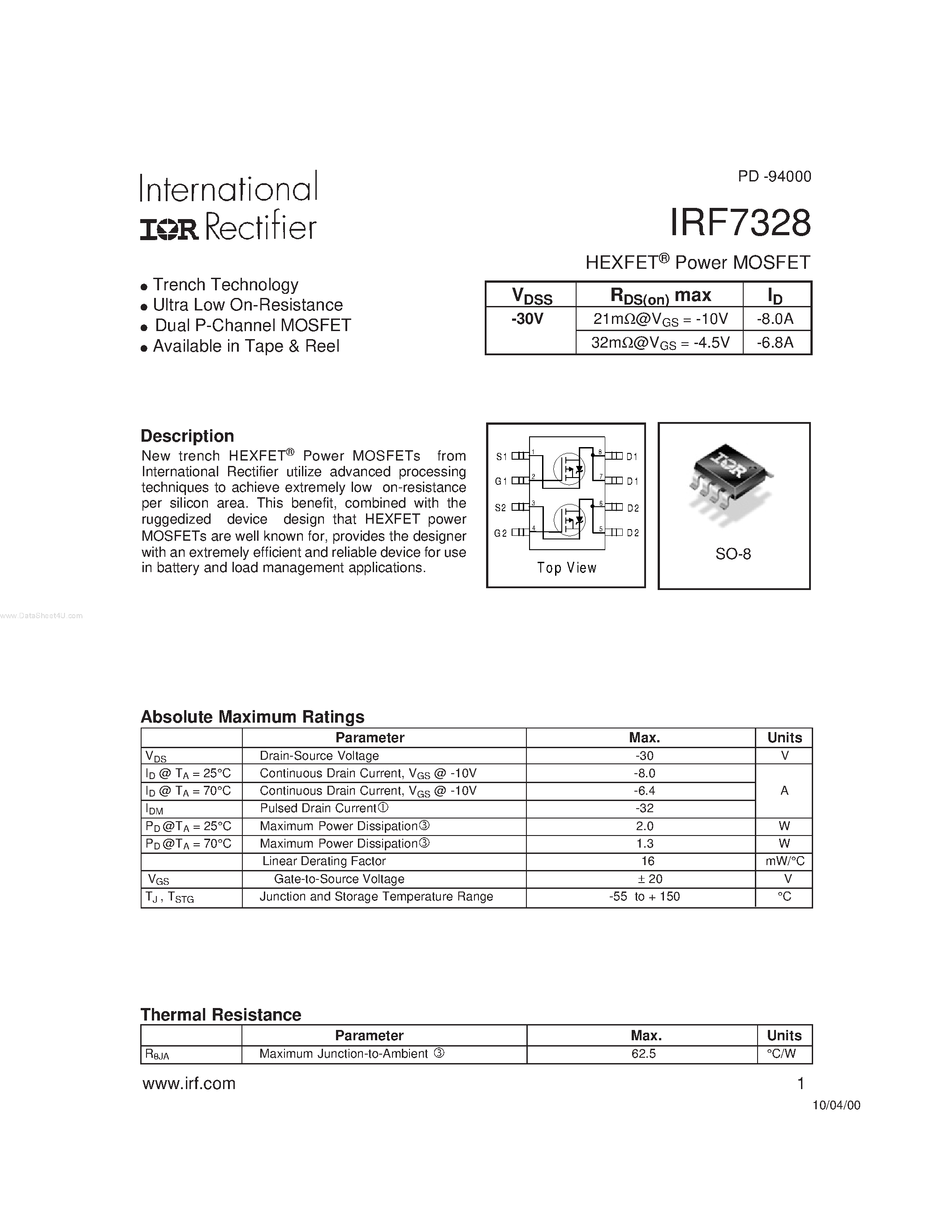 Datasheet IRF7328 - HEXFET Power MOSFET page 1