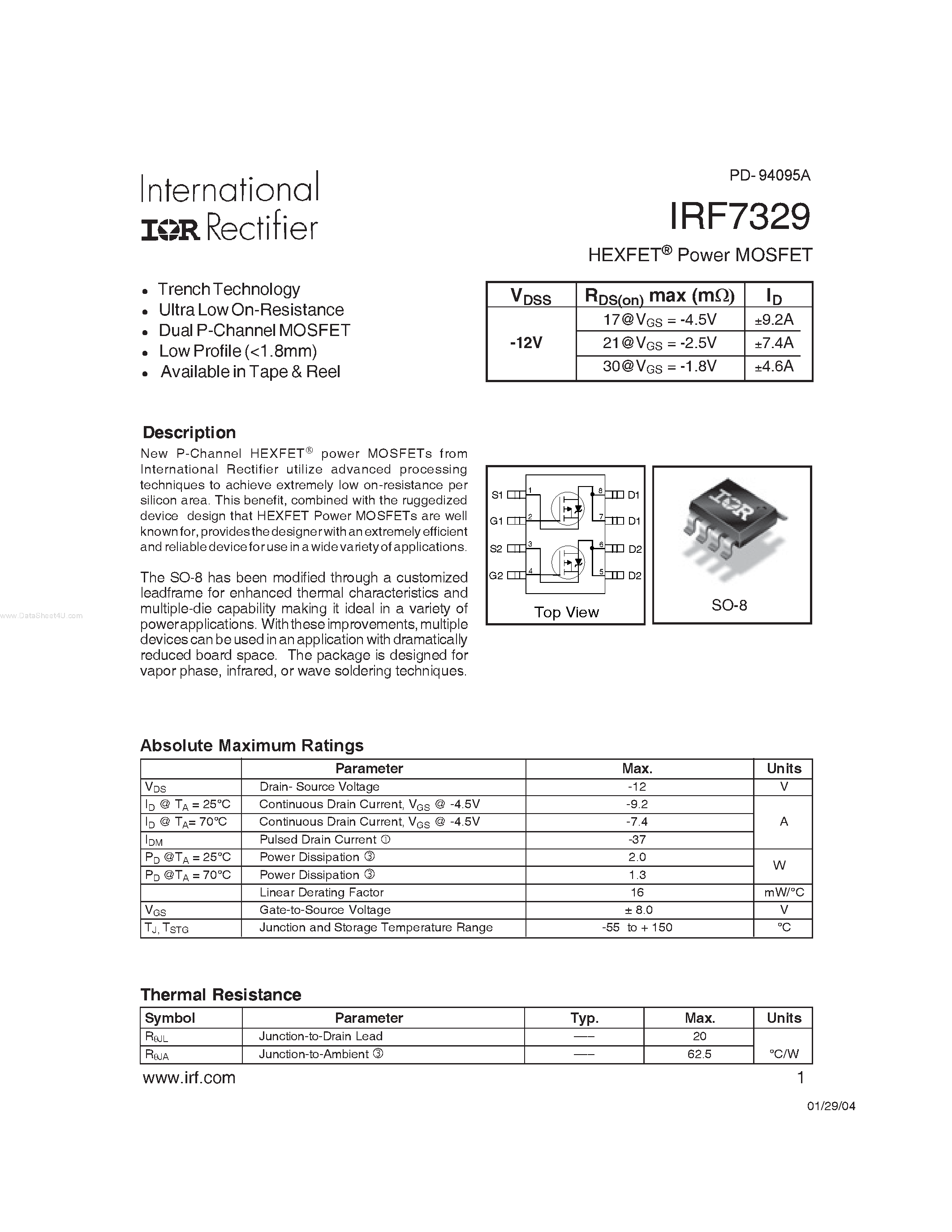 Datasheet IRF7329 - HEXFET Power MOSFET page 1