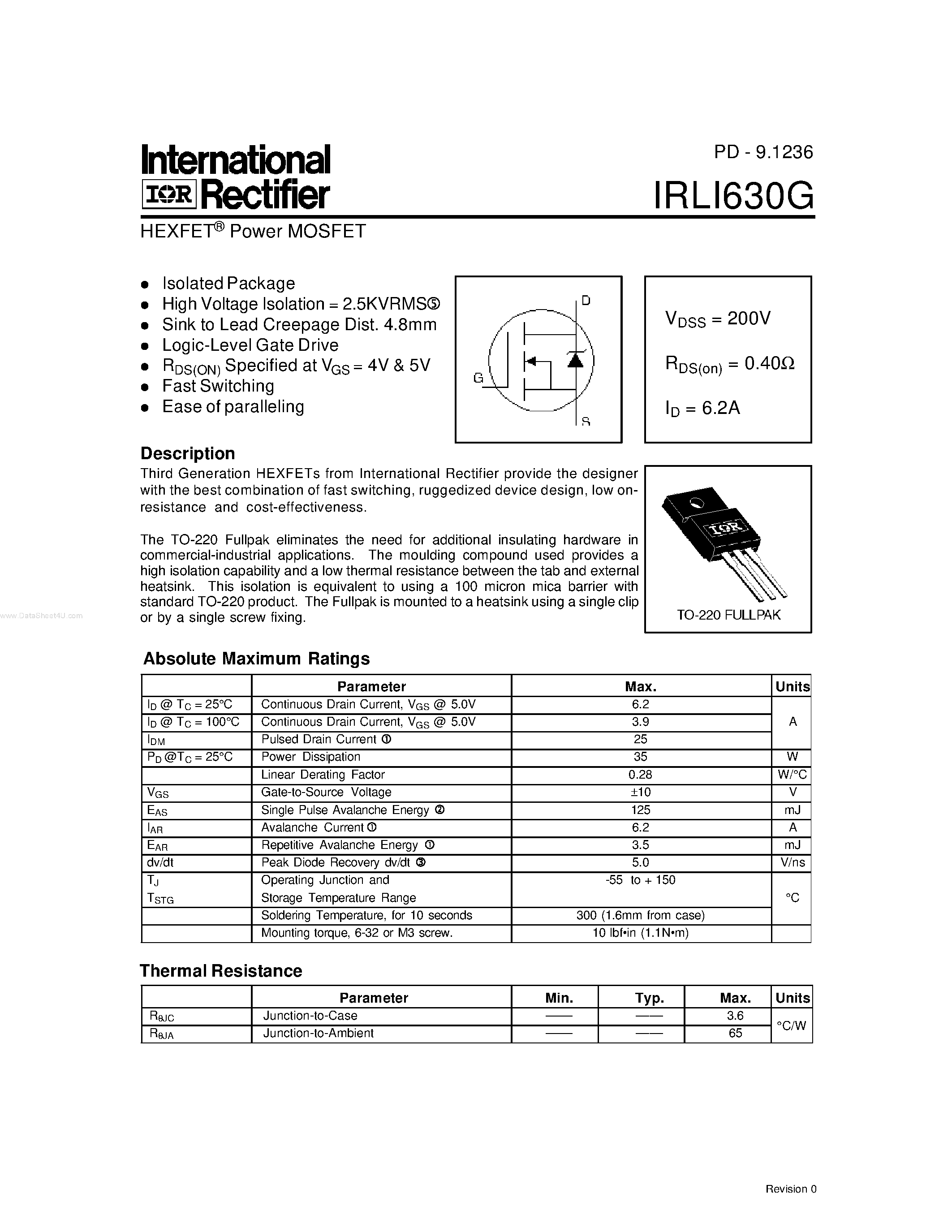 Даташит IRLI630G - Power MOSFET страница 1