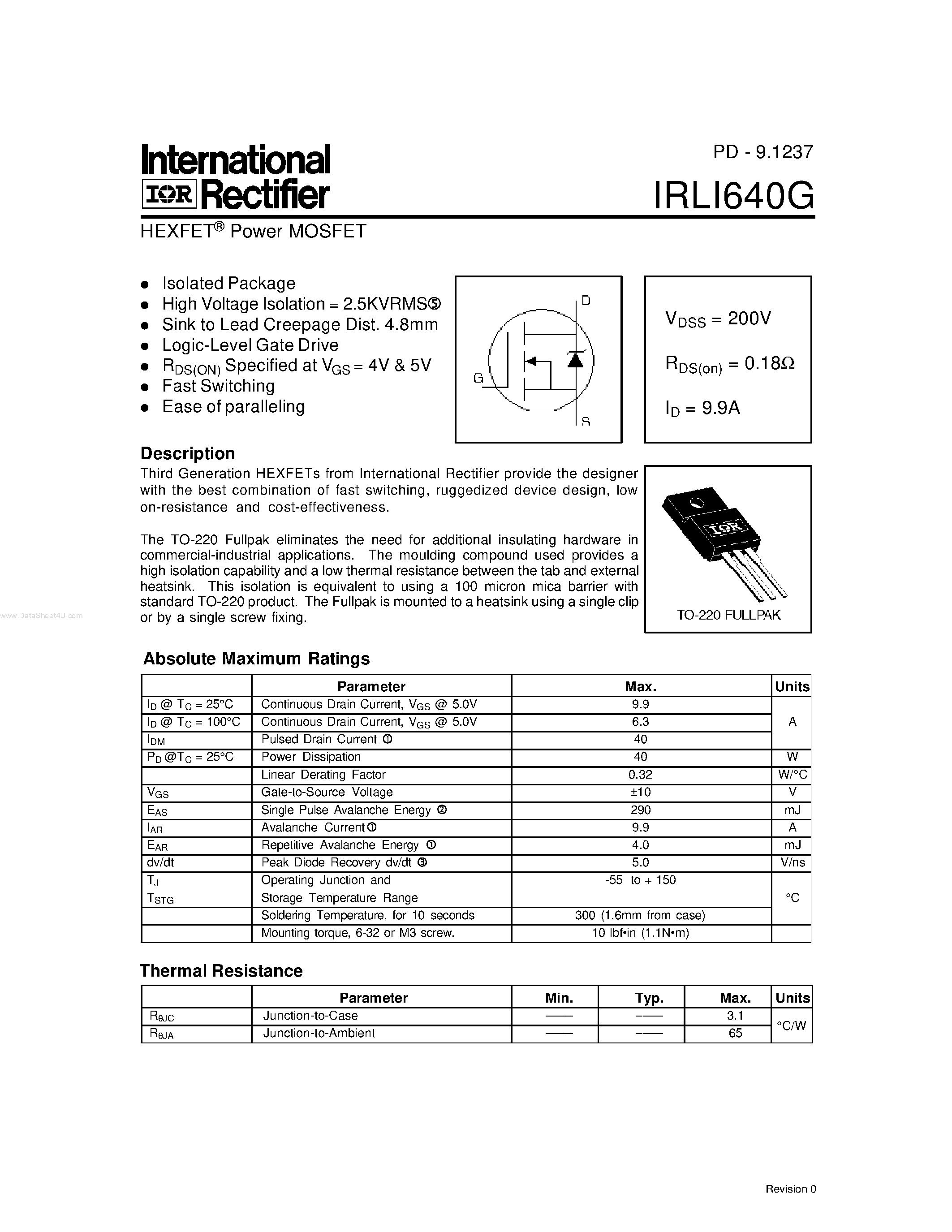Даташит IRLI640G - Power MOSFET страница 1