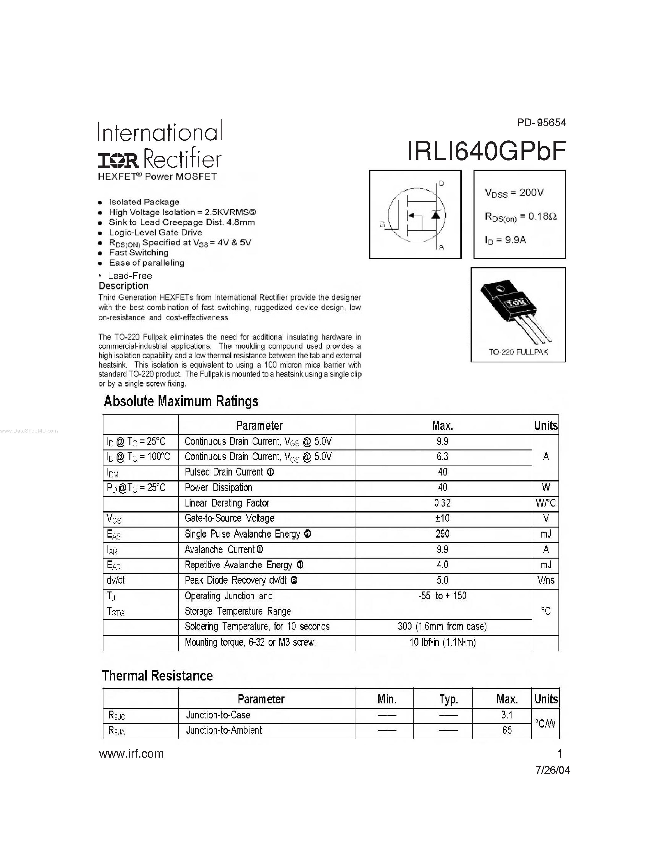 Даташит IRLI640GPBF - HEXFET Power MOSFET страница 1