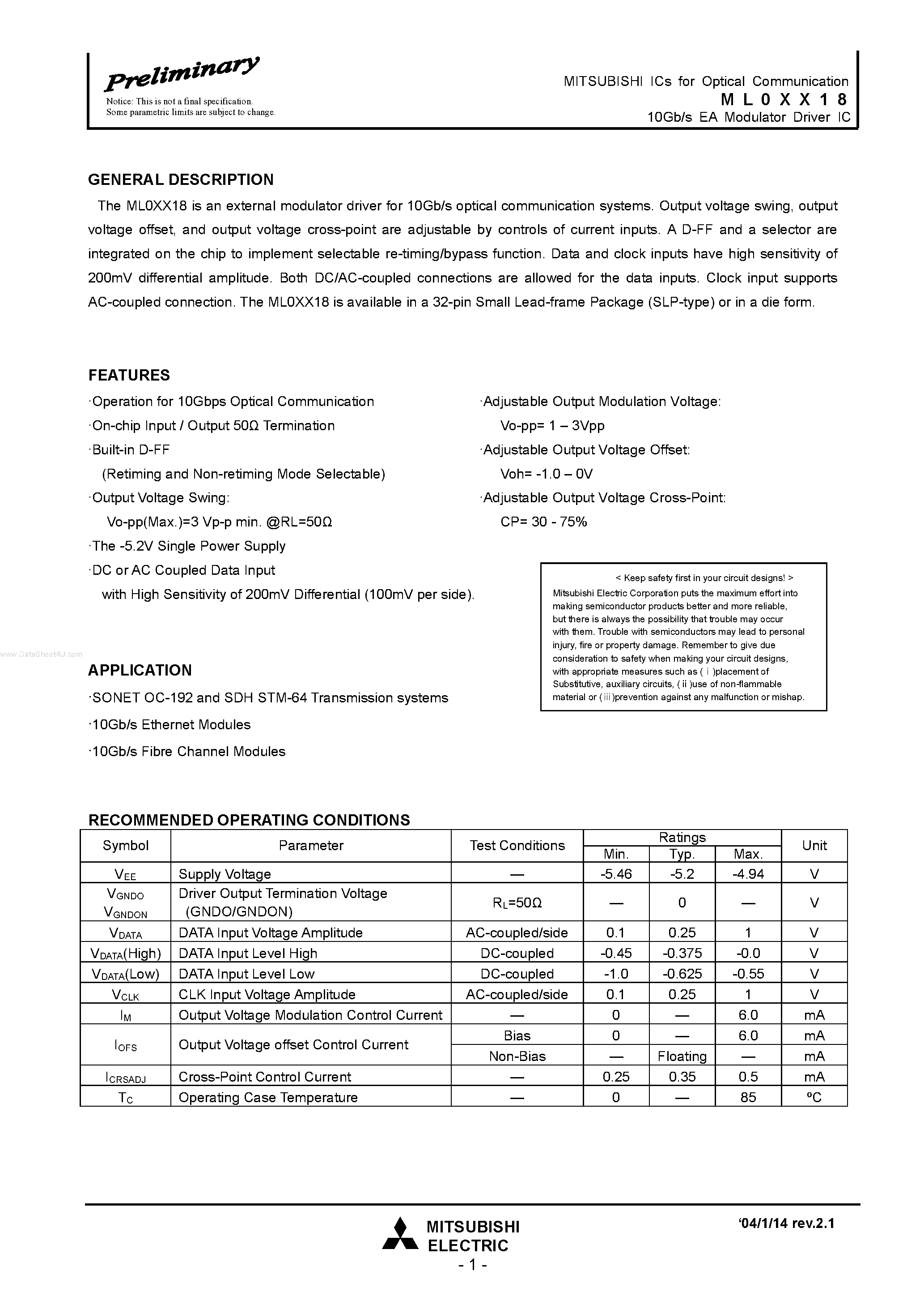 Datasheet ML0CP18 - (ML0xx18) 10Gb/s EA Modulator Driver IC page 1