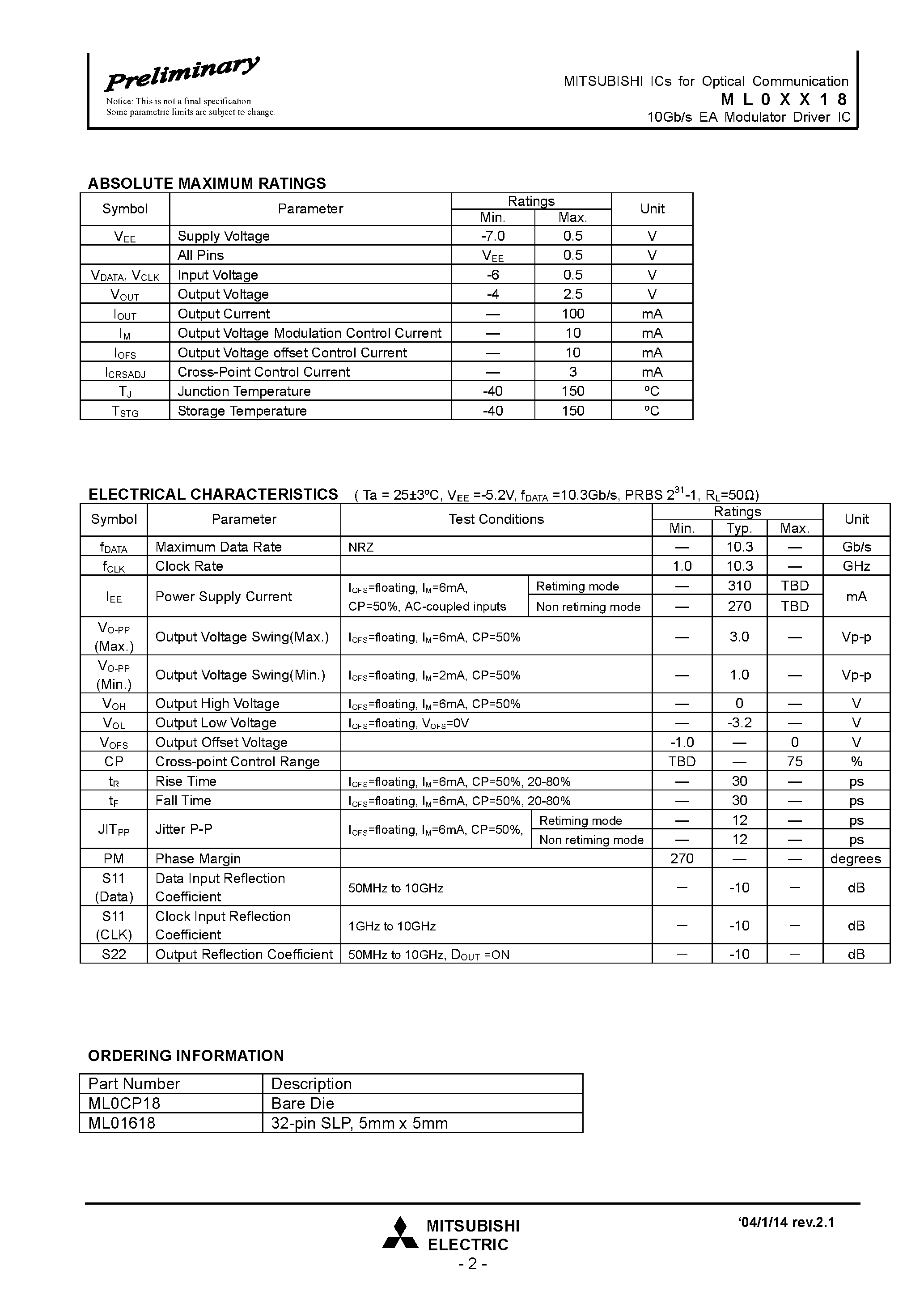 Datasheet ML0CP18 - (ML0xx18) 10Gb/s EA Modulator Driver IC page 2