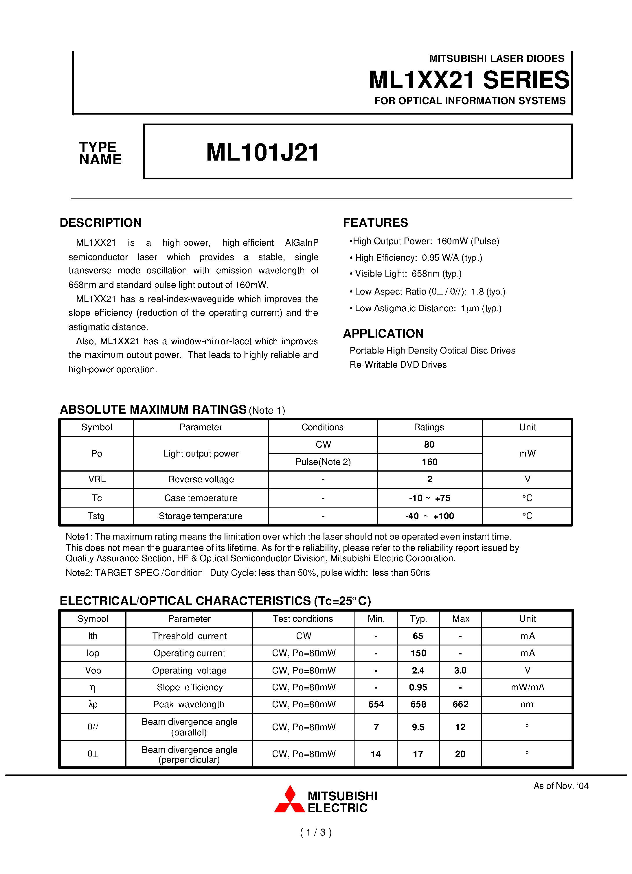 Даташит ML101J21 - LASER DIODES страница 1