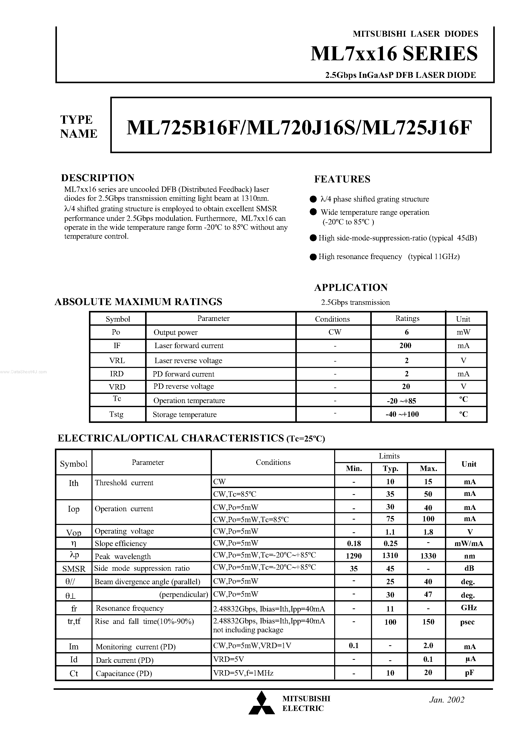Даташит ML720J16S - (ML7xx16) LASER DIODES 2.5Gbps InGaAsP DFB LASER DIODE страница 1