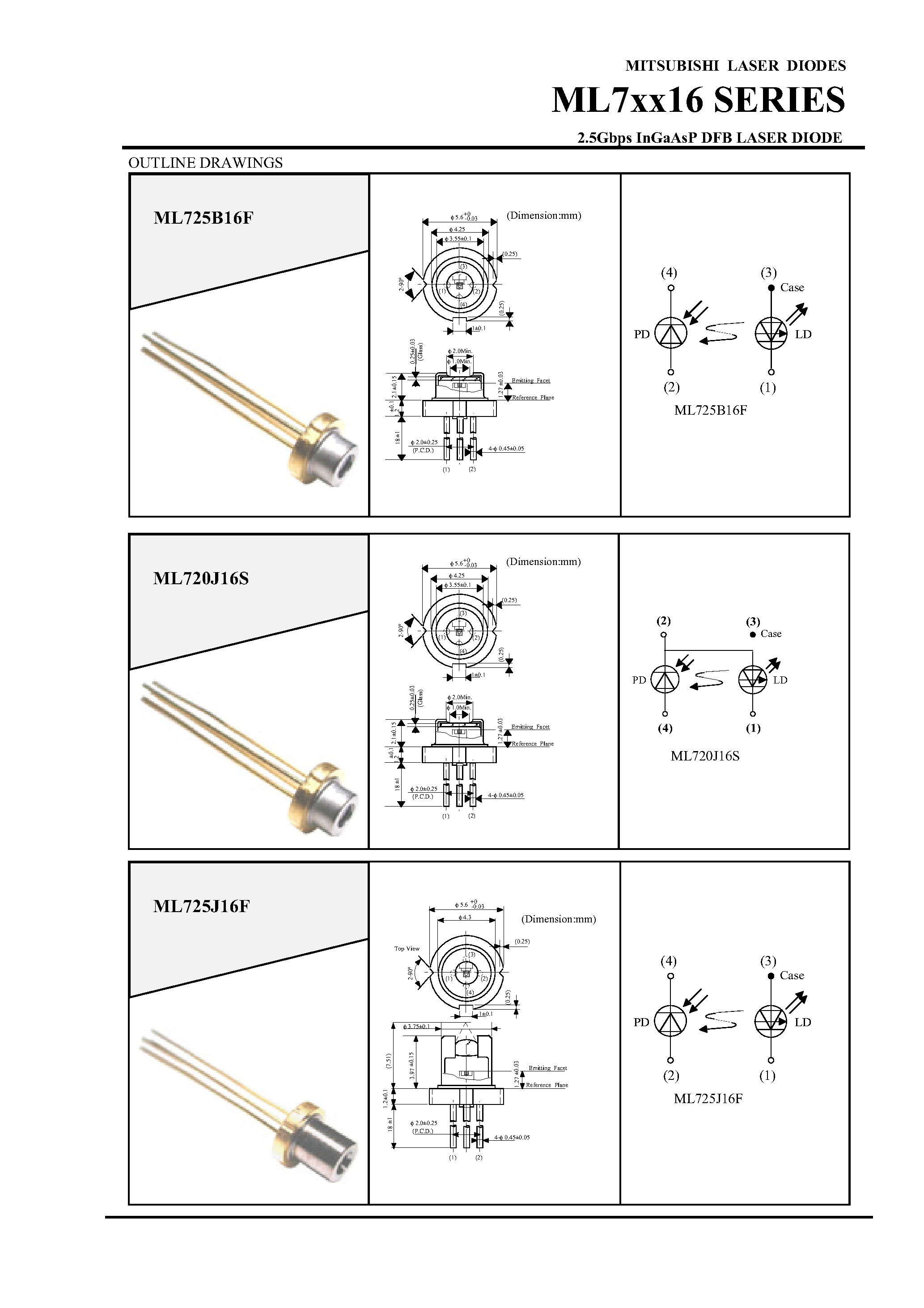 Даташит ML720J16S - (ML7xx16) LASER DIODES 2.5Gbps InGaAsP DFB LASER DIODE страница 2