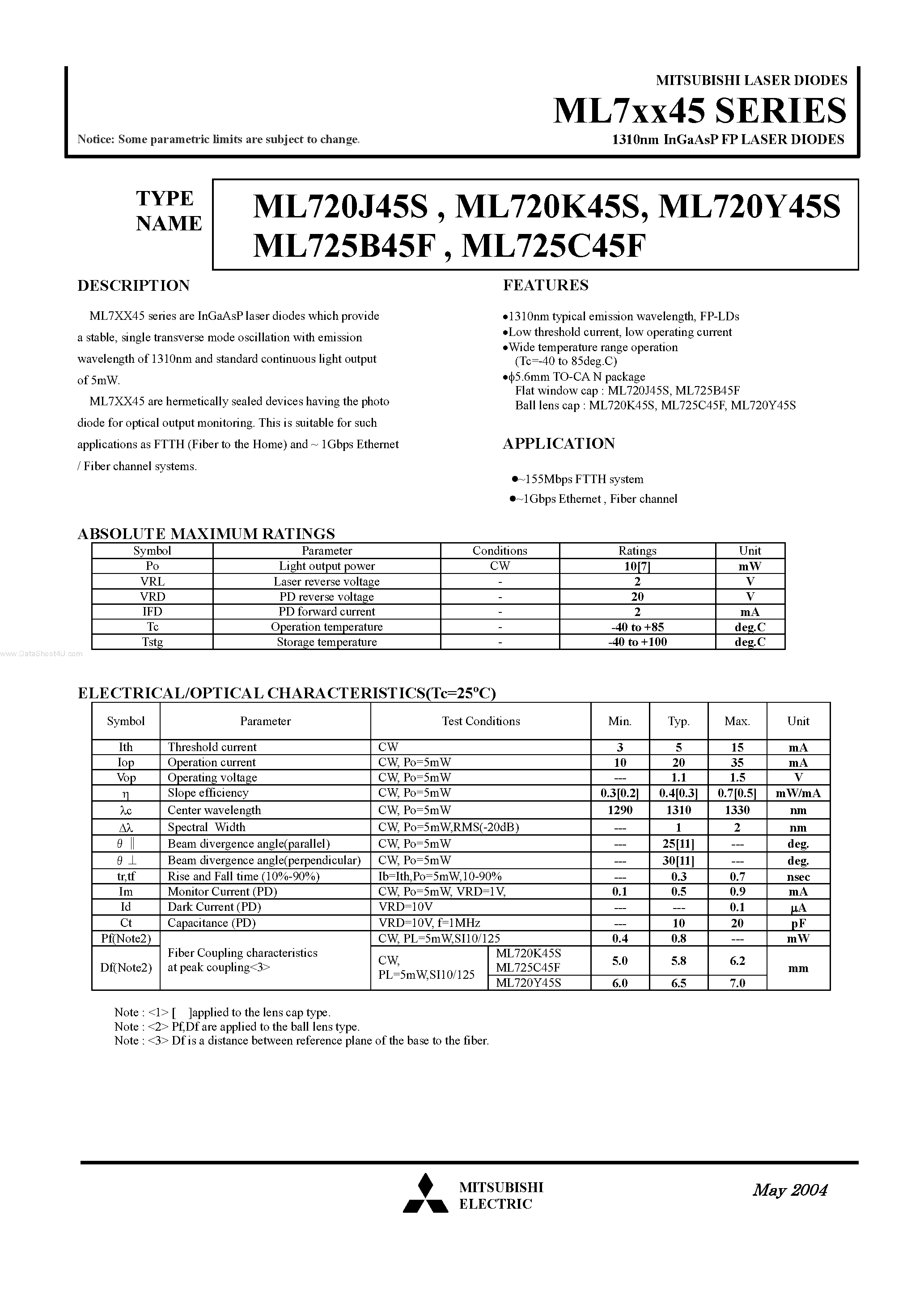 Даташит ML720J45S - (ML7xx45) 1310nm InGaAsP FP LASER DIODES страница 1