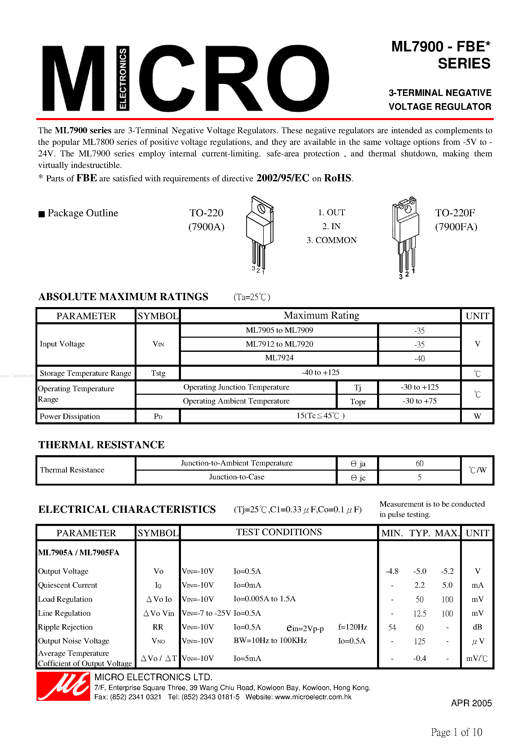 Datasheet ML7924FA - 3-TERMINAL NEGATIVE VOLTAGE REGULATOR page 1