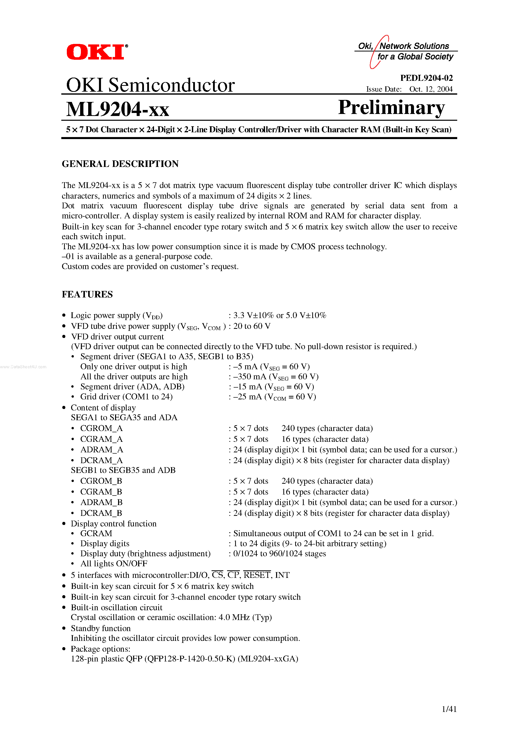 Даташит на микросхему ML9204-xx страница 1 Даташит ML9204-xx - 5 X 7 Dot Character X 24-Digit X 2-Line Display Controller/Driver страница 1