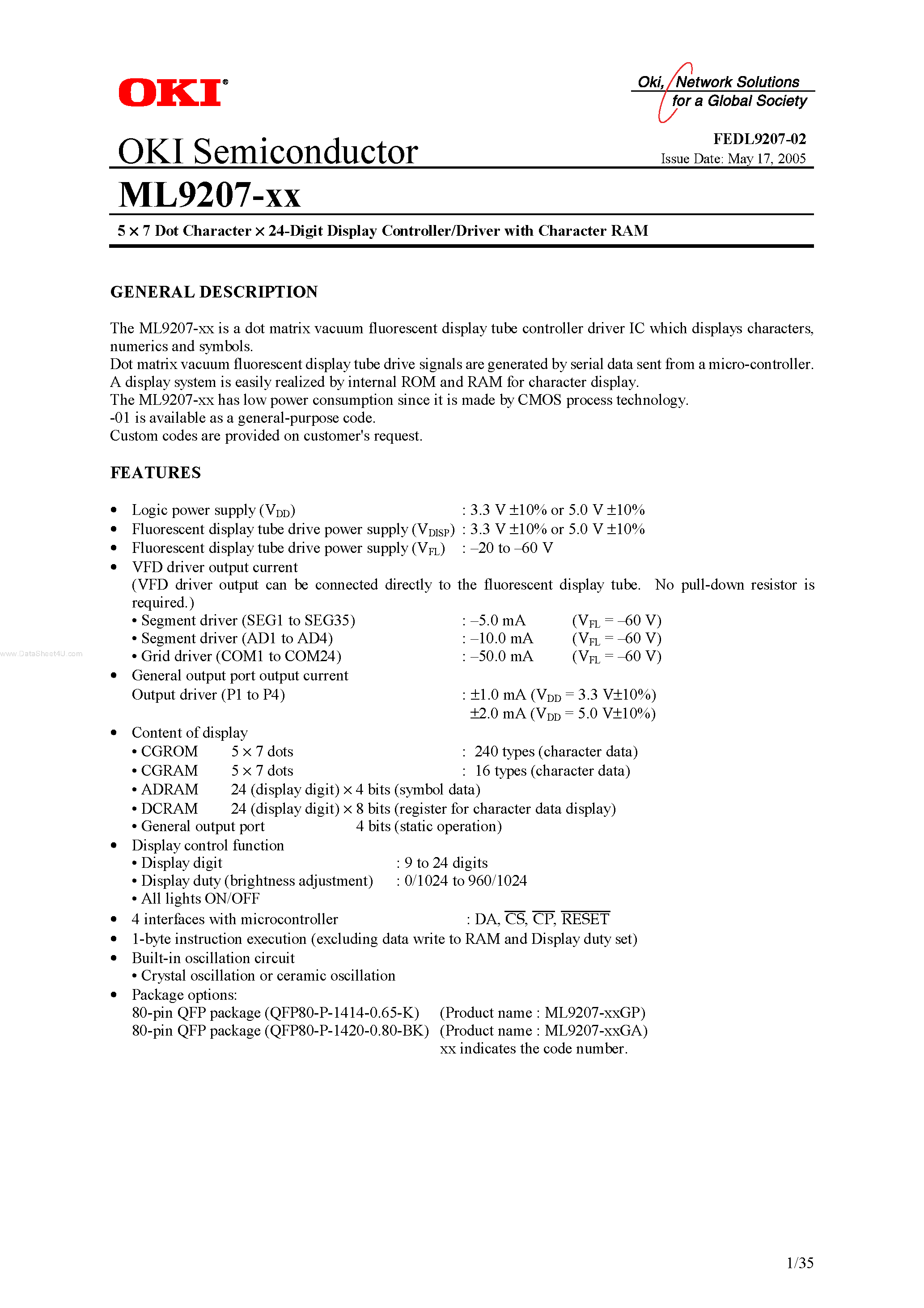 Даташит ML9207-xx - 5 X 7 Dot Character X 24-Digit Display Controller/Driver страница 1