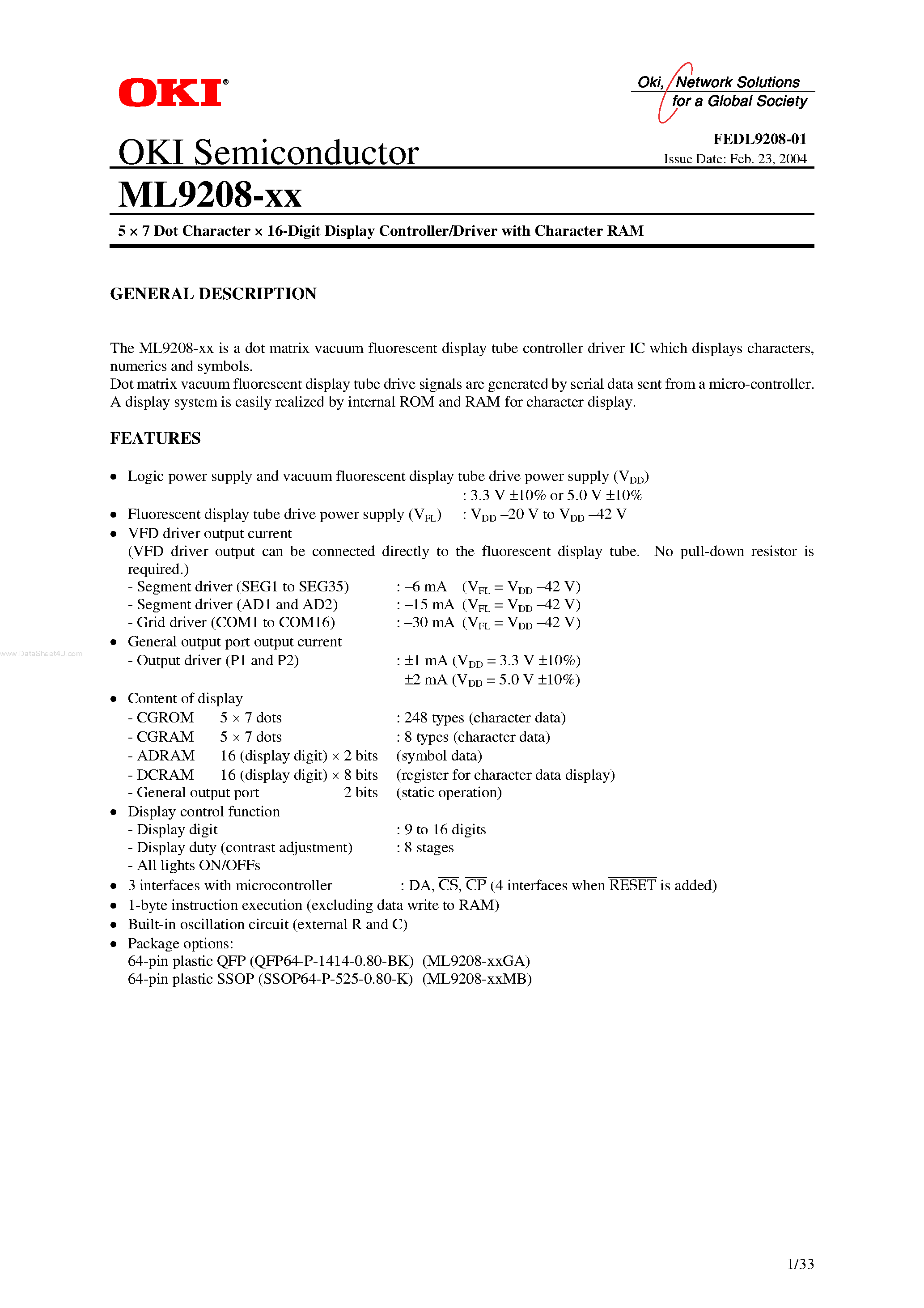 Даташит ML9208-xx - 5 X 7 Dot Character X 16-Digit Display Controller/Driver страница 1