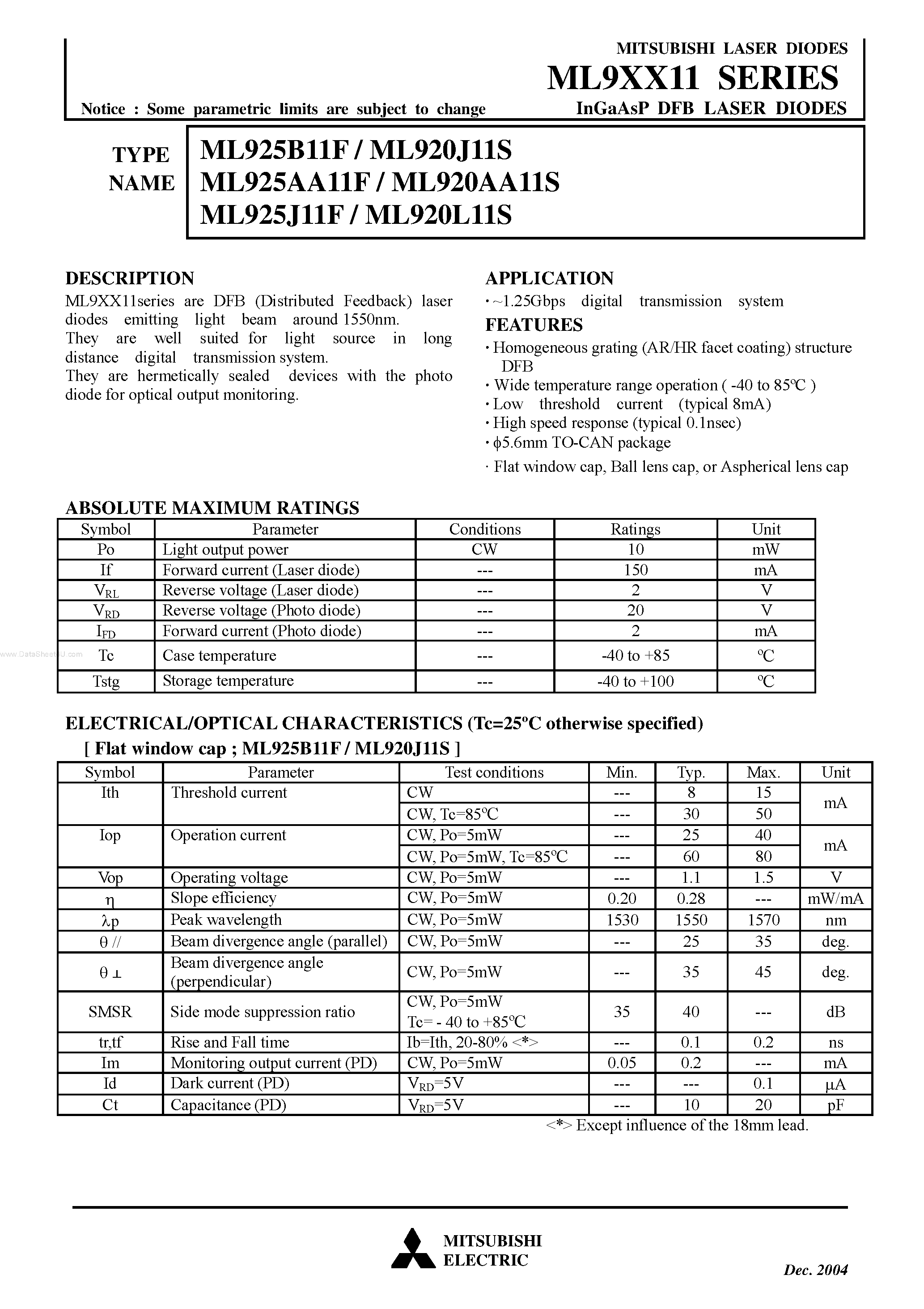 Даташит на микросхему ML920AA11S страница 1 Даташит ML920AA11S - (ML9xx11) InGaAsP DFB LASER DIODES страница 1