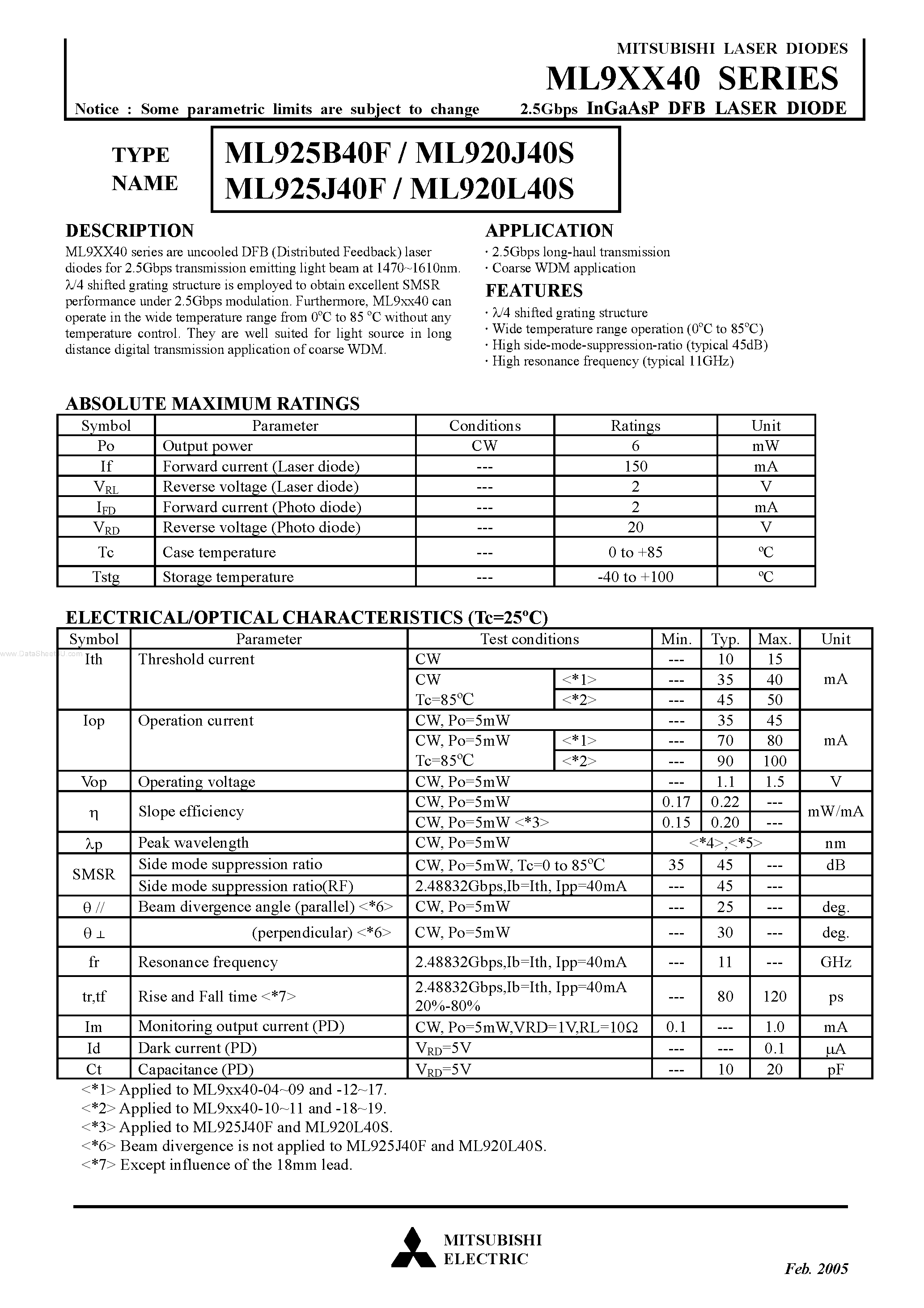 Datasheet ML920J40S - (ML9xx40) 2.5Gbps InGaAsP DFB LASER DIODE page 1