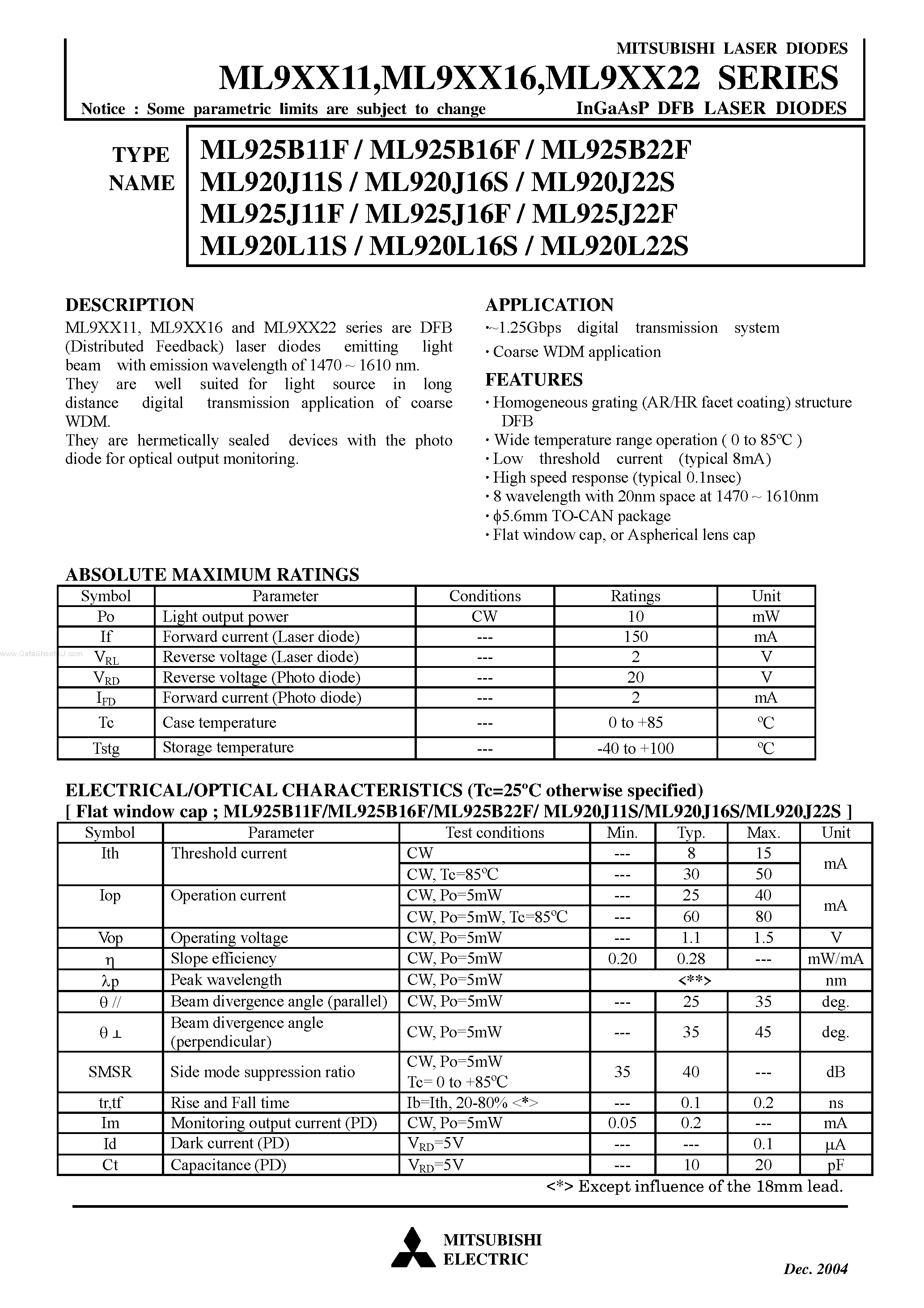 Даташит на микросхему ML920J11S страница 1 Даташит ML920J11S - (ML9xxxx) InGaAsP DFB LASER DIODES страница 1