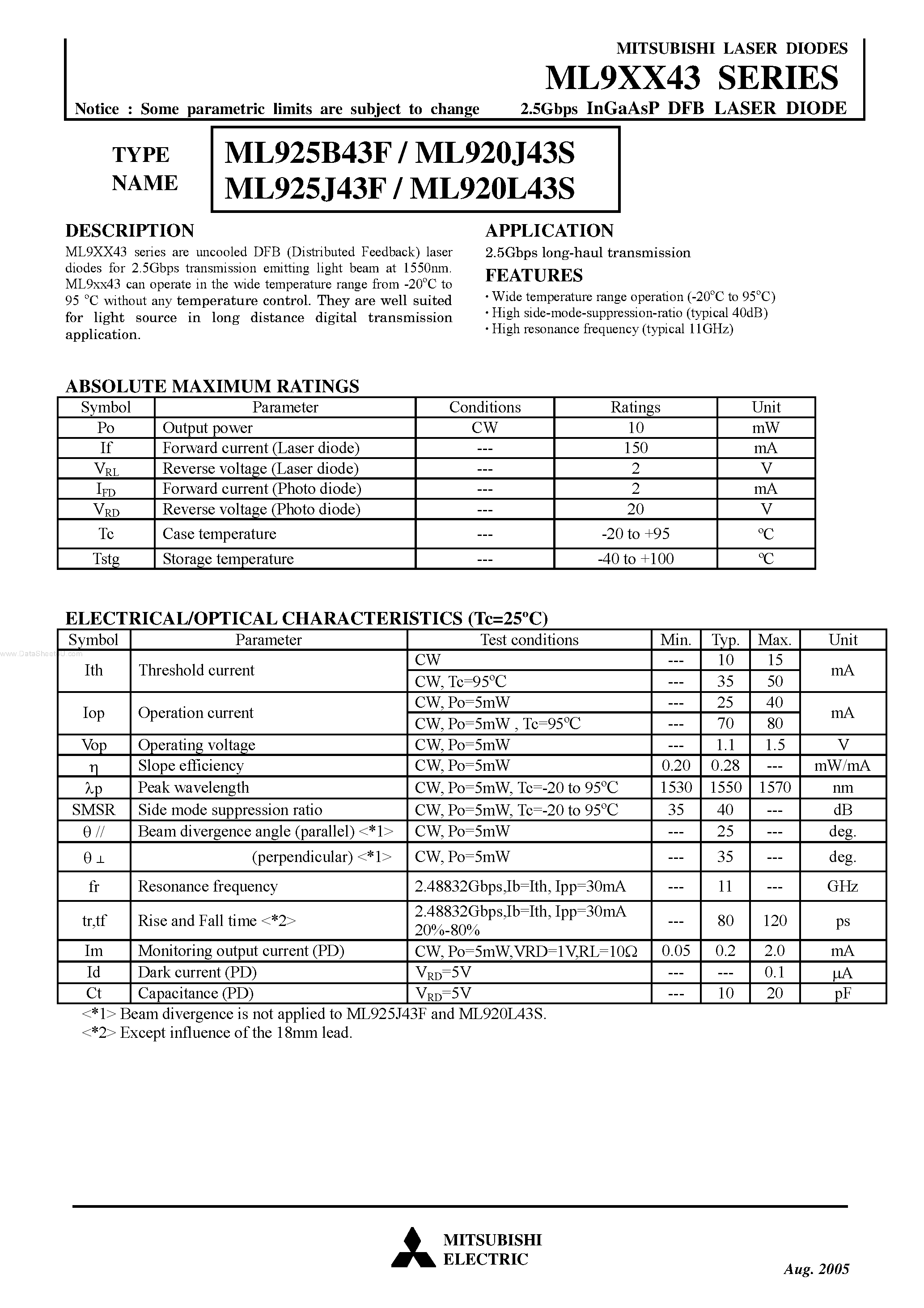 Datasheet ML920J43S - (ML9xx43) 2.5Gbps InGaAsP DFB LASER DIODE page 1