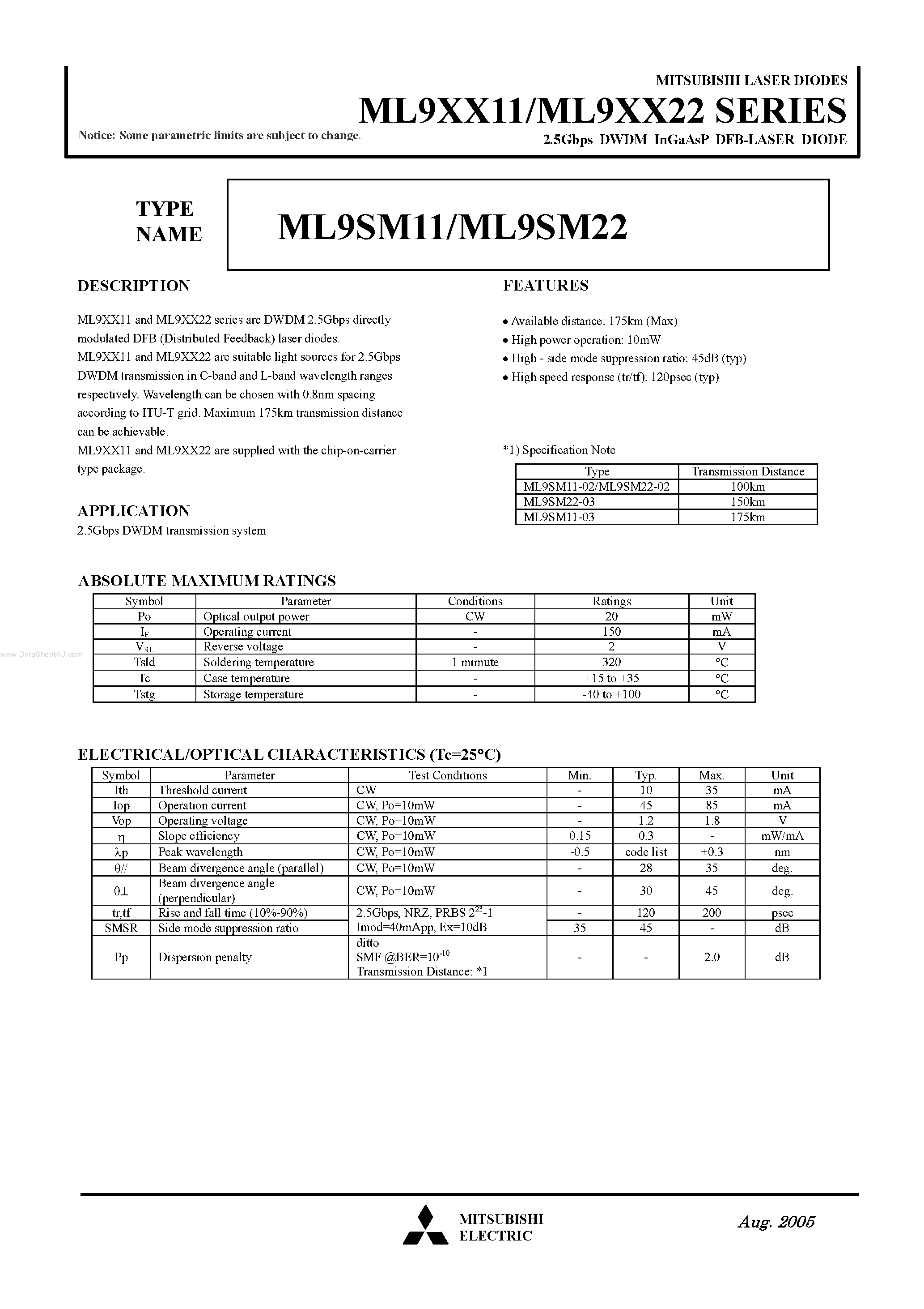 Datasheet ML9SM11 - (ML9SM11 / ML9SM22) 2.5Gbps DWDM InGaAsP DFB-LASER DIODE page 1