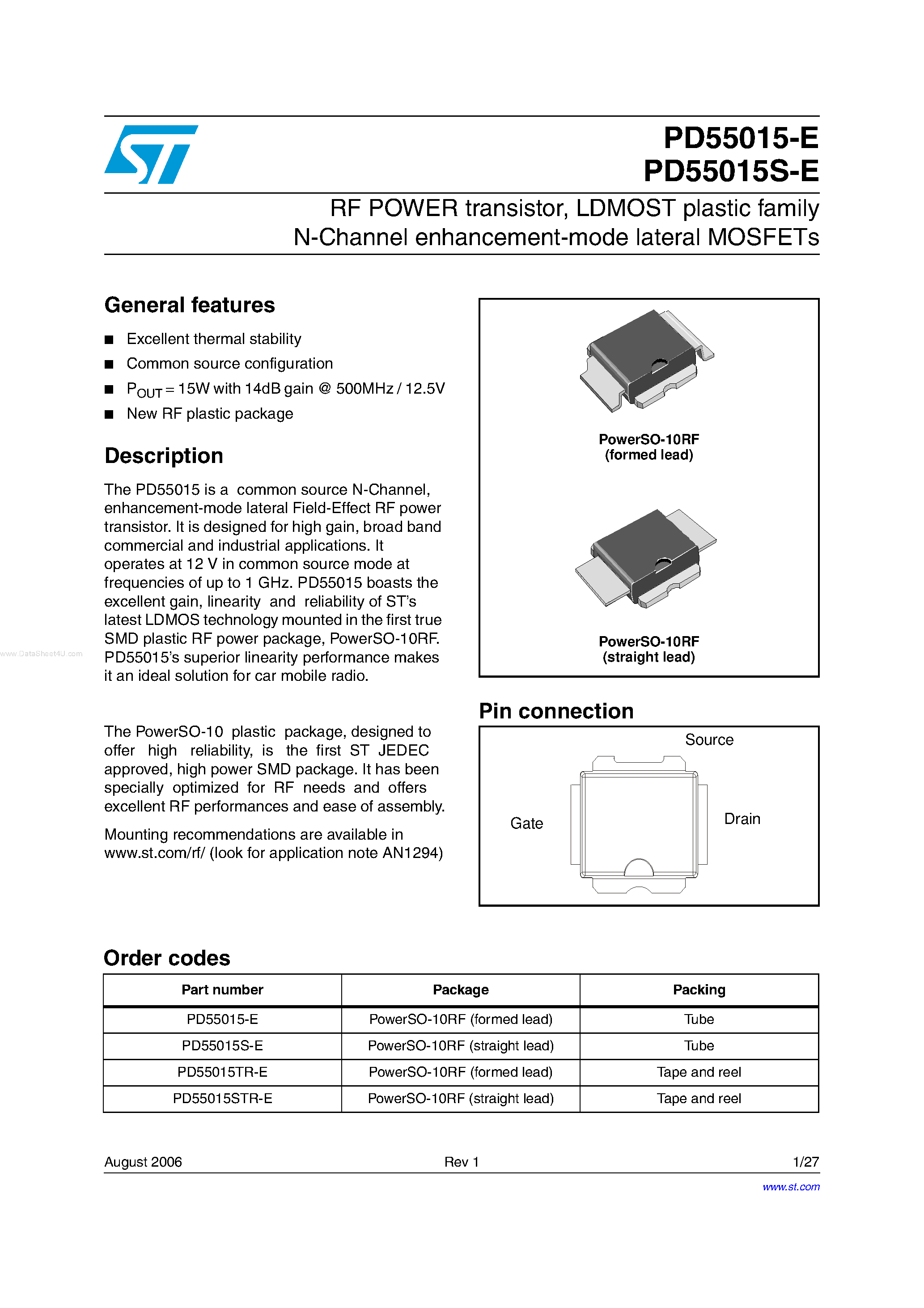 Даташит на микросхему PD55015-E страница 1 Даташит PD55015-E - LDMOST plastic family N-Channel enhancement-mode lateral MOSFETs страница 1