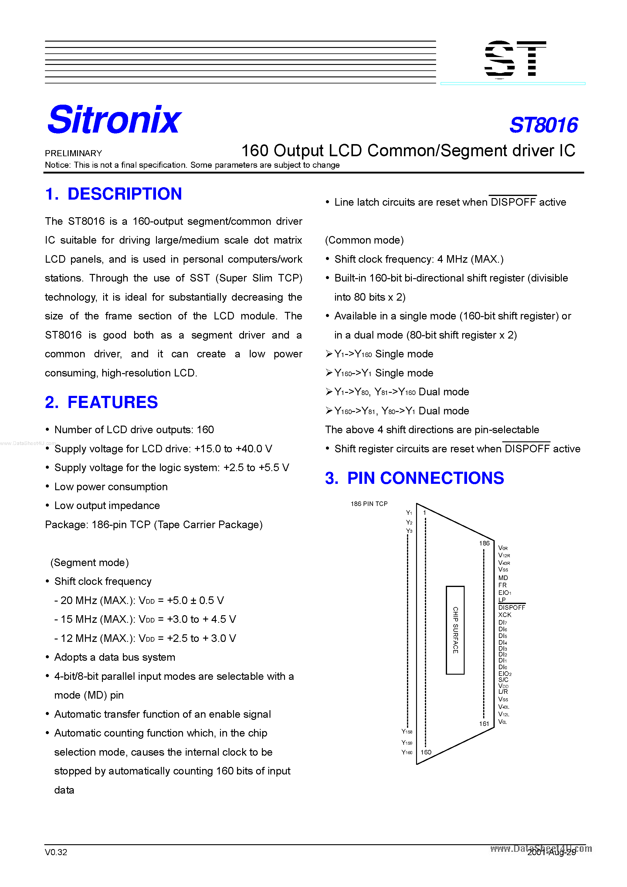 Datasheet ST8016 page 1 Datasheet ST8016 - 160 Output LCD Common/Segment driver IC page 1