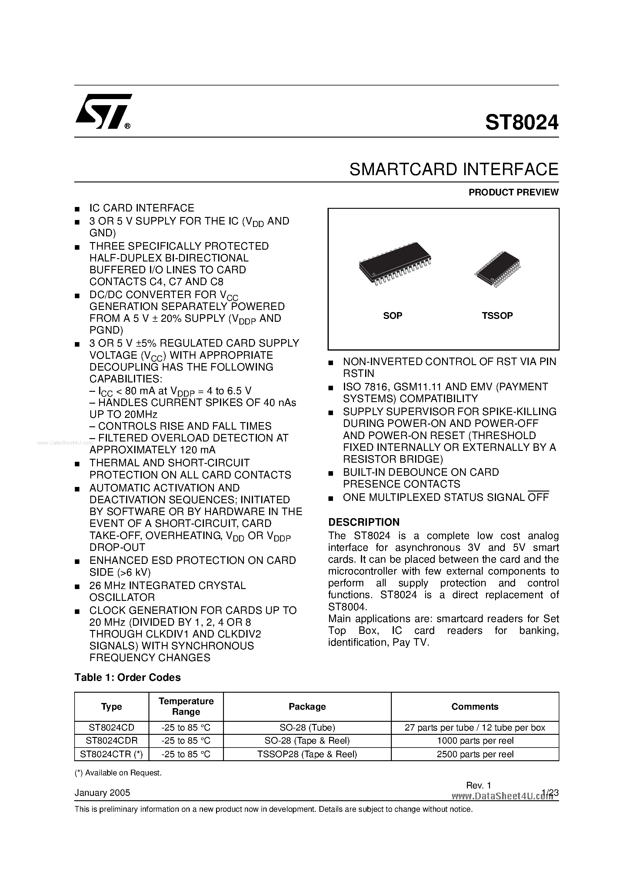 Даташит ST8024 - SMARTCARD INTERFACE страница 1