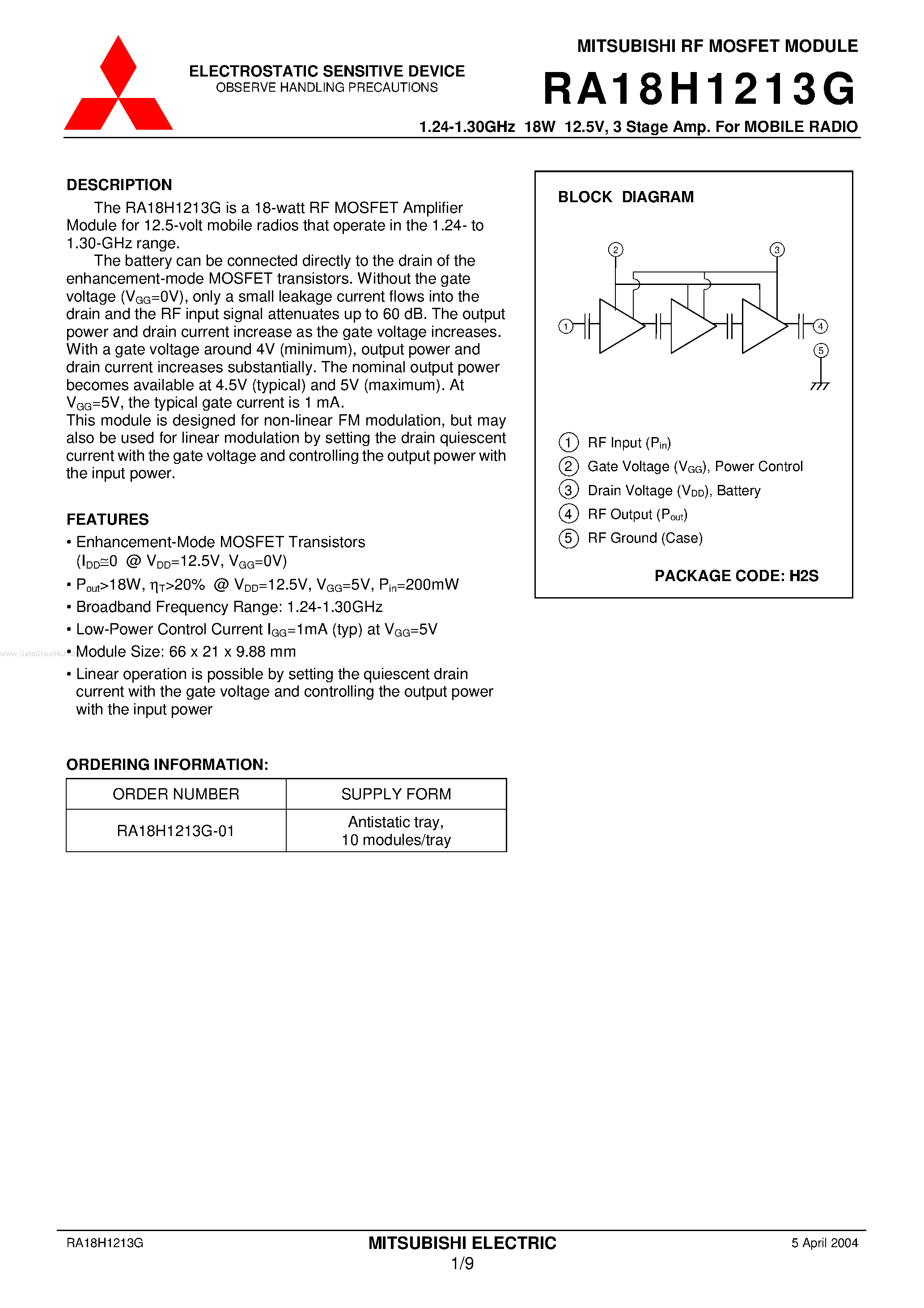 Datasheet RA18H1213G - 3 Stage Amp page 1