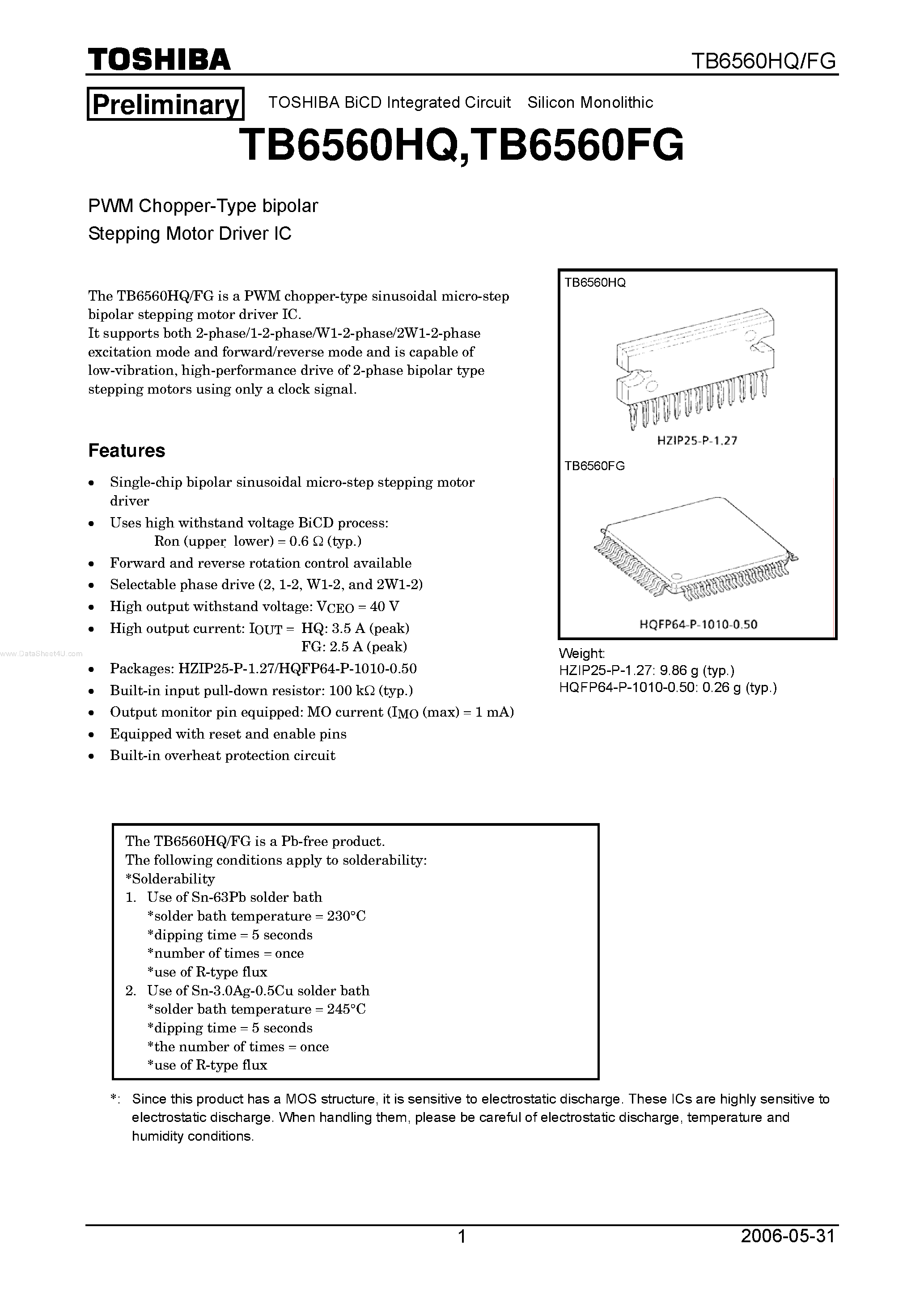 Даташит TB6560FG - (TB6560FG/HQ) PWM Chopper-Type bipolar Stepping Motor Driver IC страница 1
