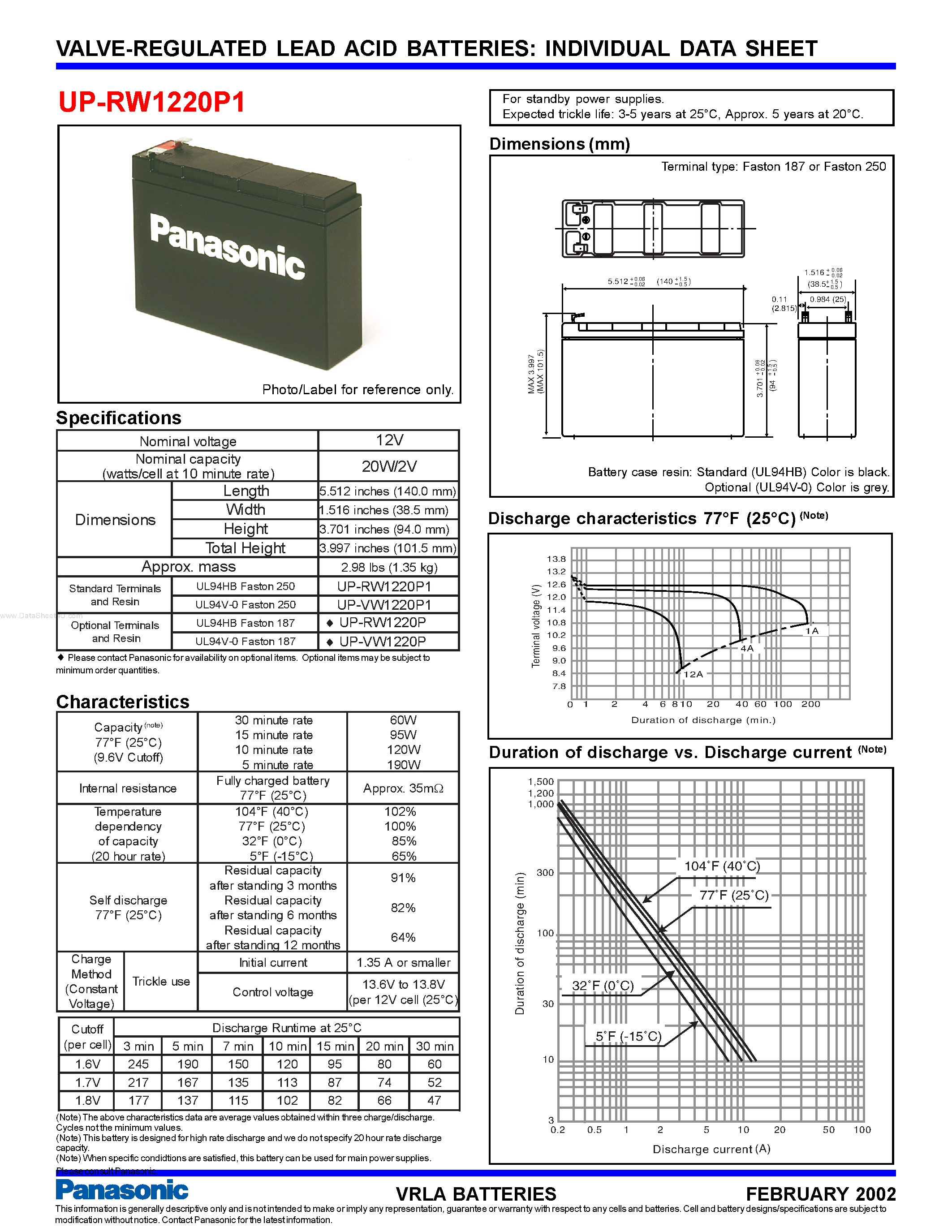 Datasheet UP-RW1220P1 - VALVE-REGULATED LEAD ACID BATTERIES page 1
