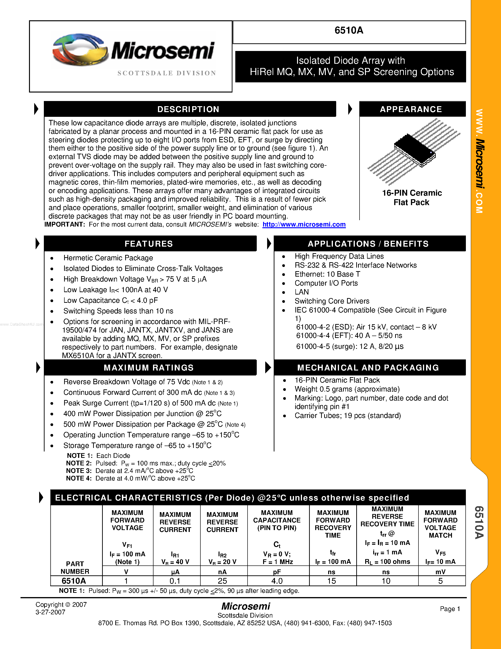 Datasheet 6510A page 1 Datasheet 6510A - Isolated Diode Array page 1