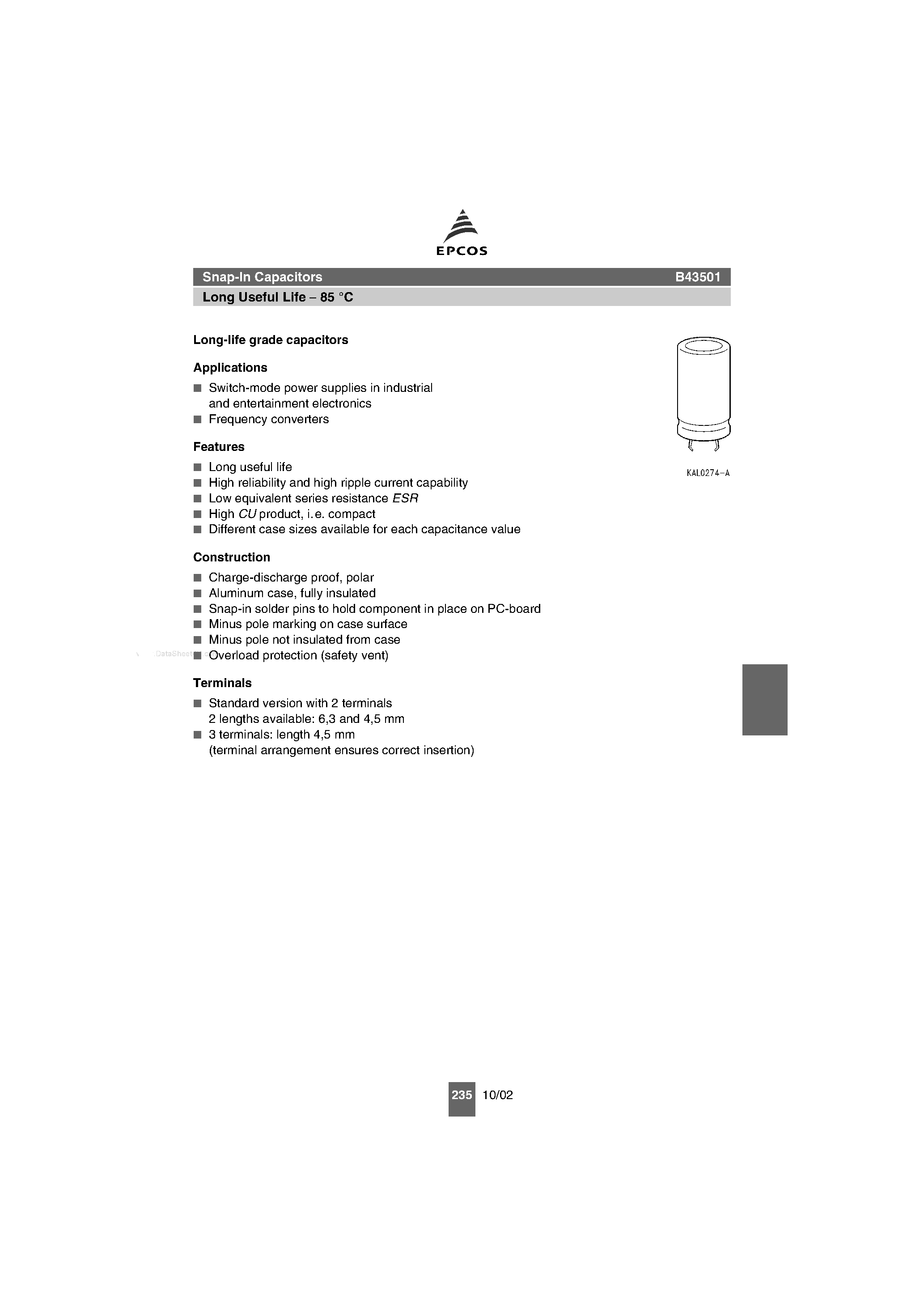 Datasheet B43501 - Snap-In Capacitors Long Useful Life page 1