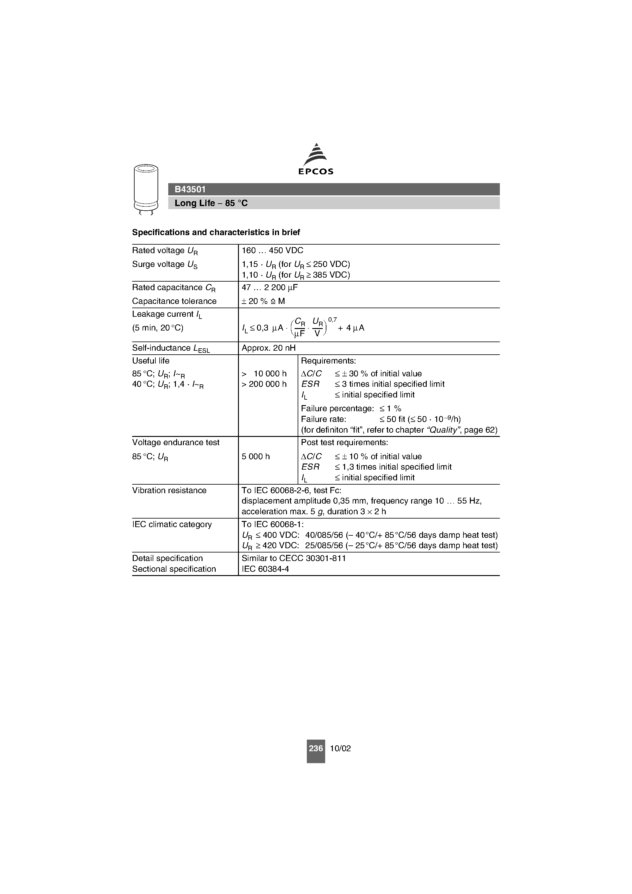 Datasheet B43501 - Snap-In Capacitors Long Useful Life page 2