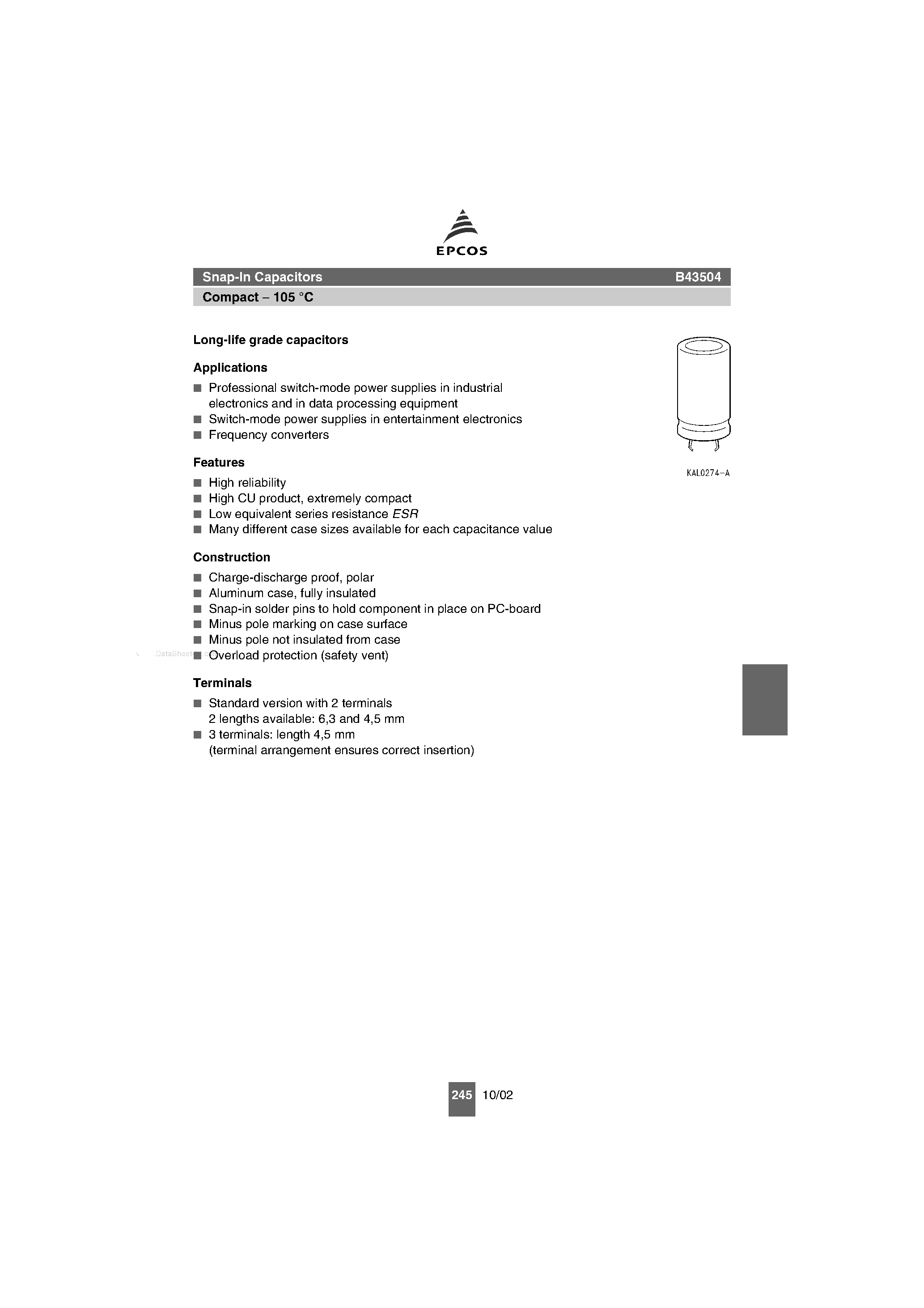 Datasheet B43504 - Snap-In Capacitors page 1