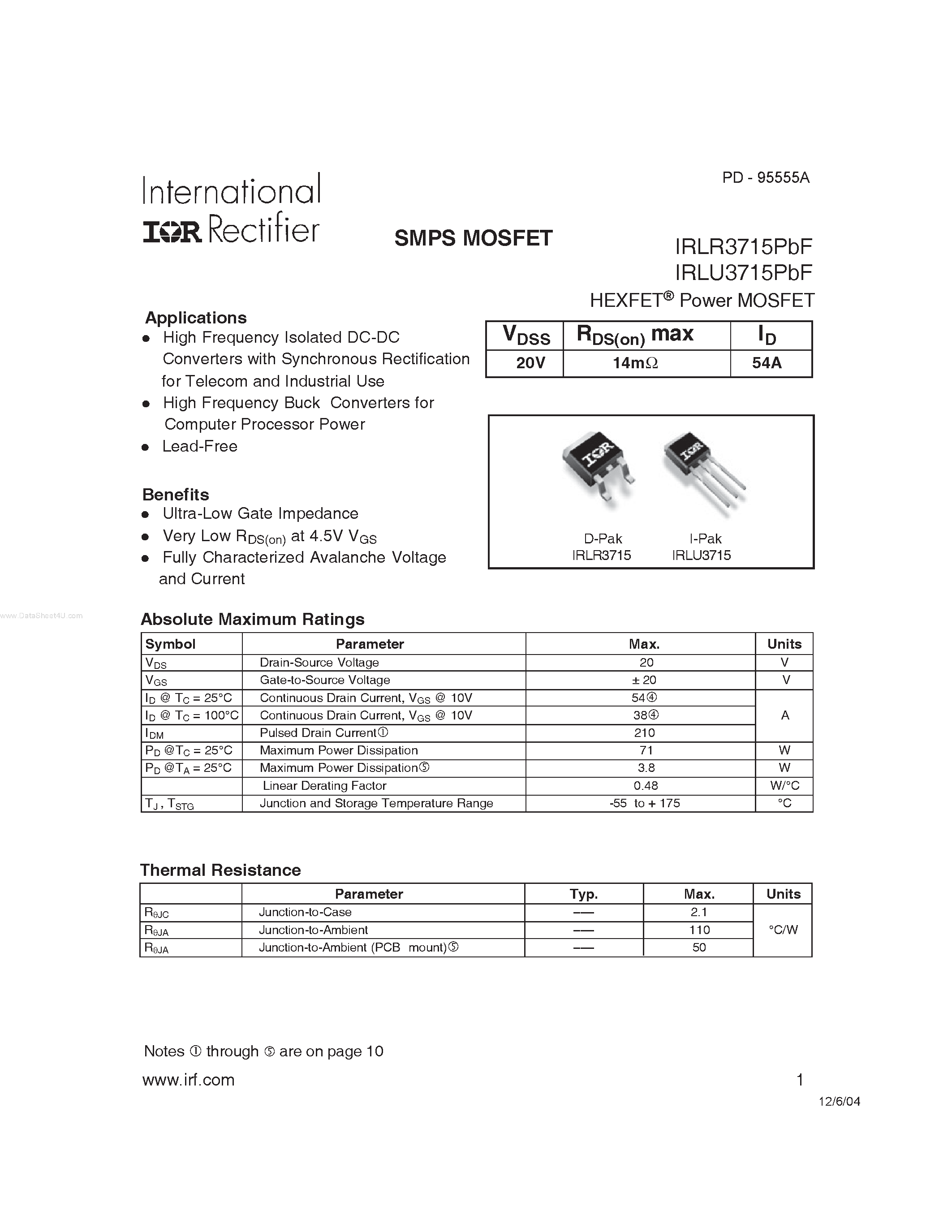 Даташит IRLR3715PBF - SMPS MOSFET страница 1