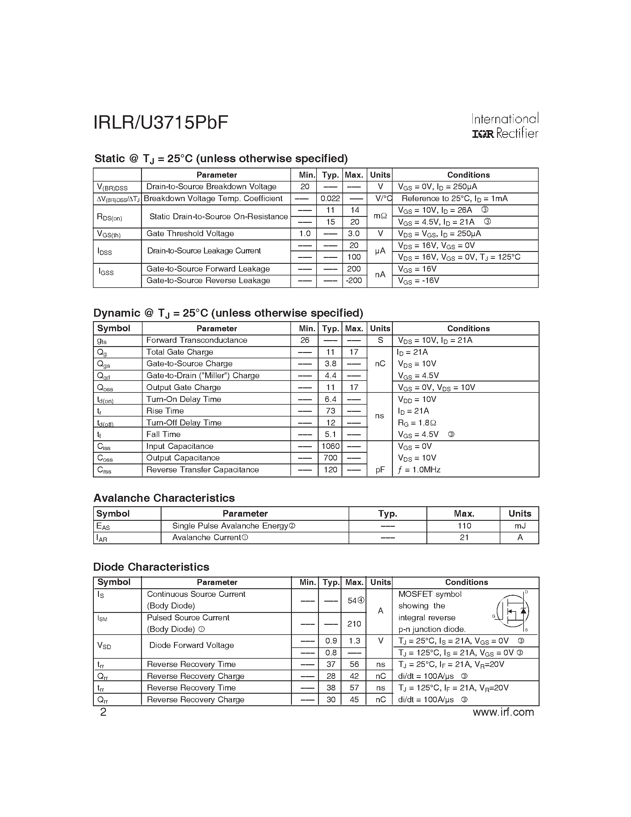 Даташит IRLR3715PBF - SMPS MOSFET страница 2