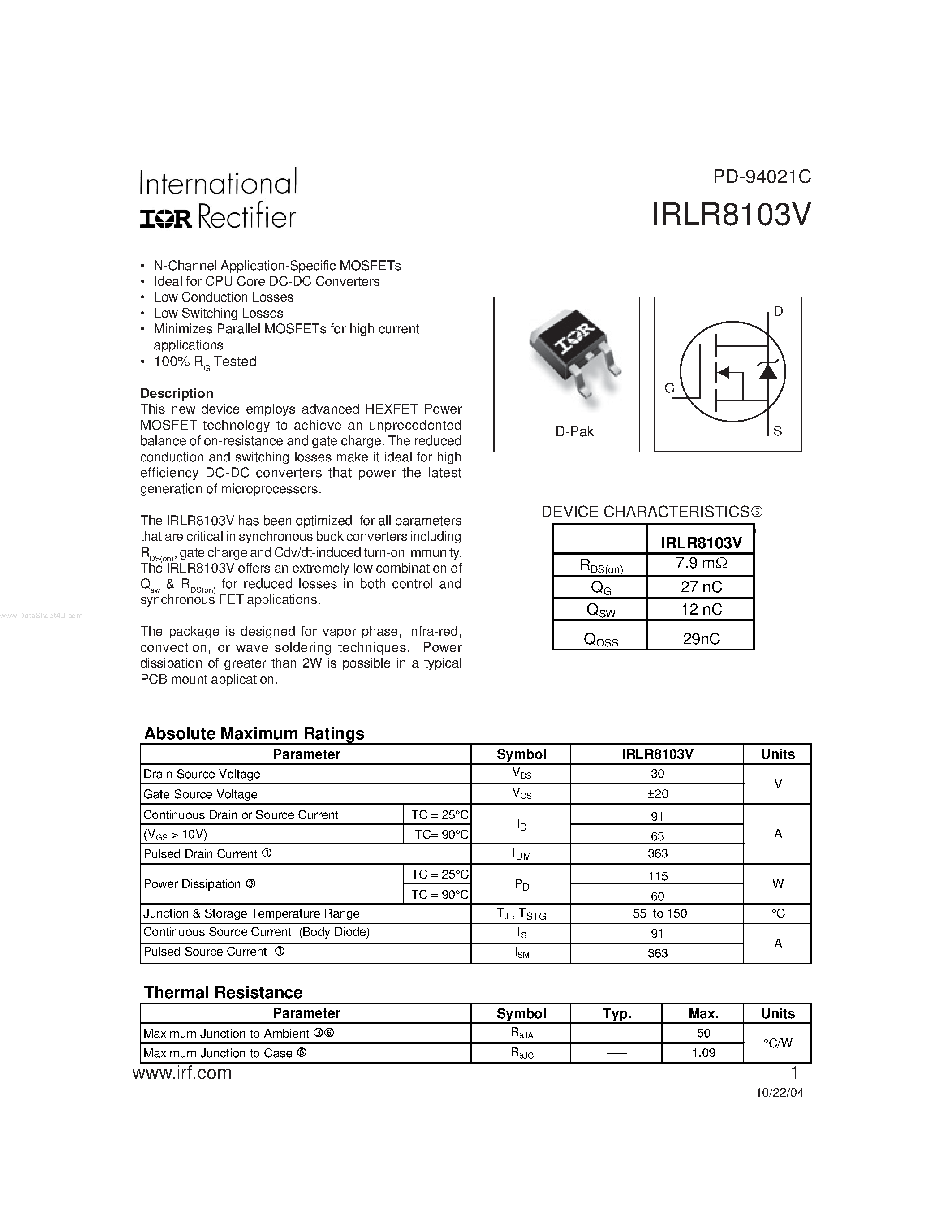 Даташит IRLR8103V - N-Channel Application-Specific MOSFETs страница 1