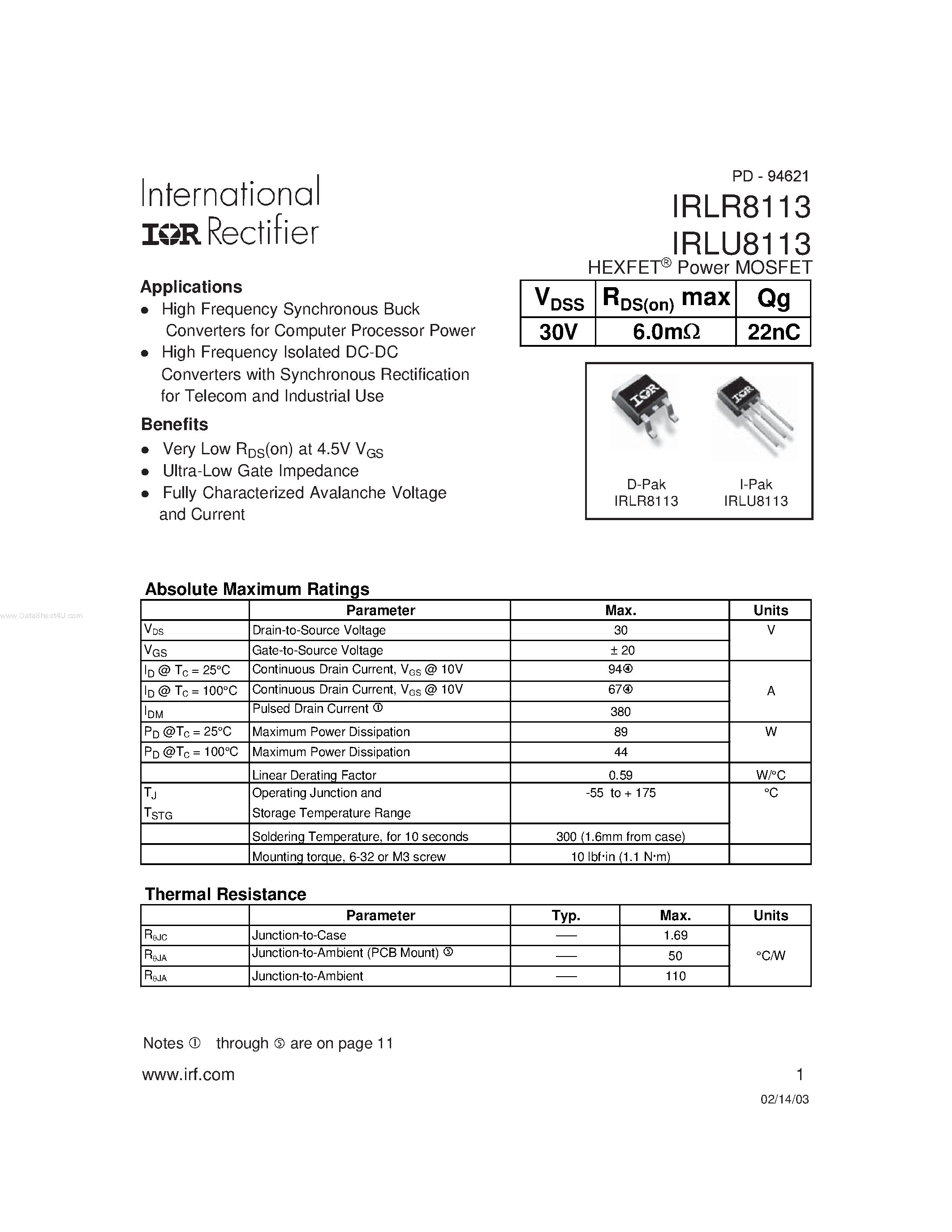 Datasheet IRLR8113 page 1 Datasheet IRLR8113 - HEXFET Power MOSFET page 1