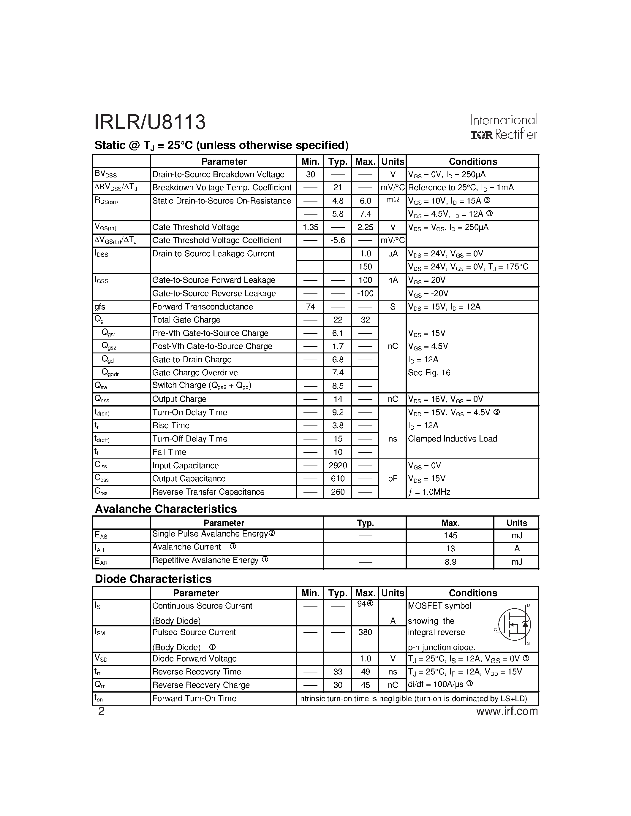Datasheet IRLR8113 page 2 Datasheet IRLR8113 - HEXFET Power MOSFET page 2