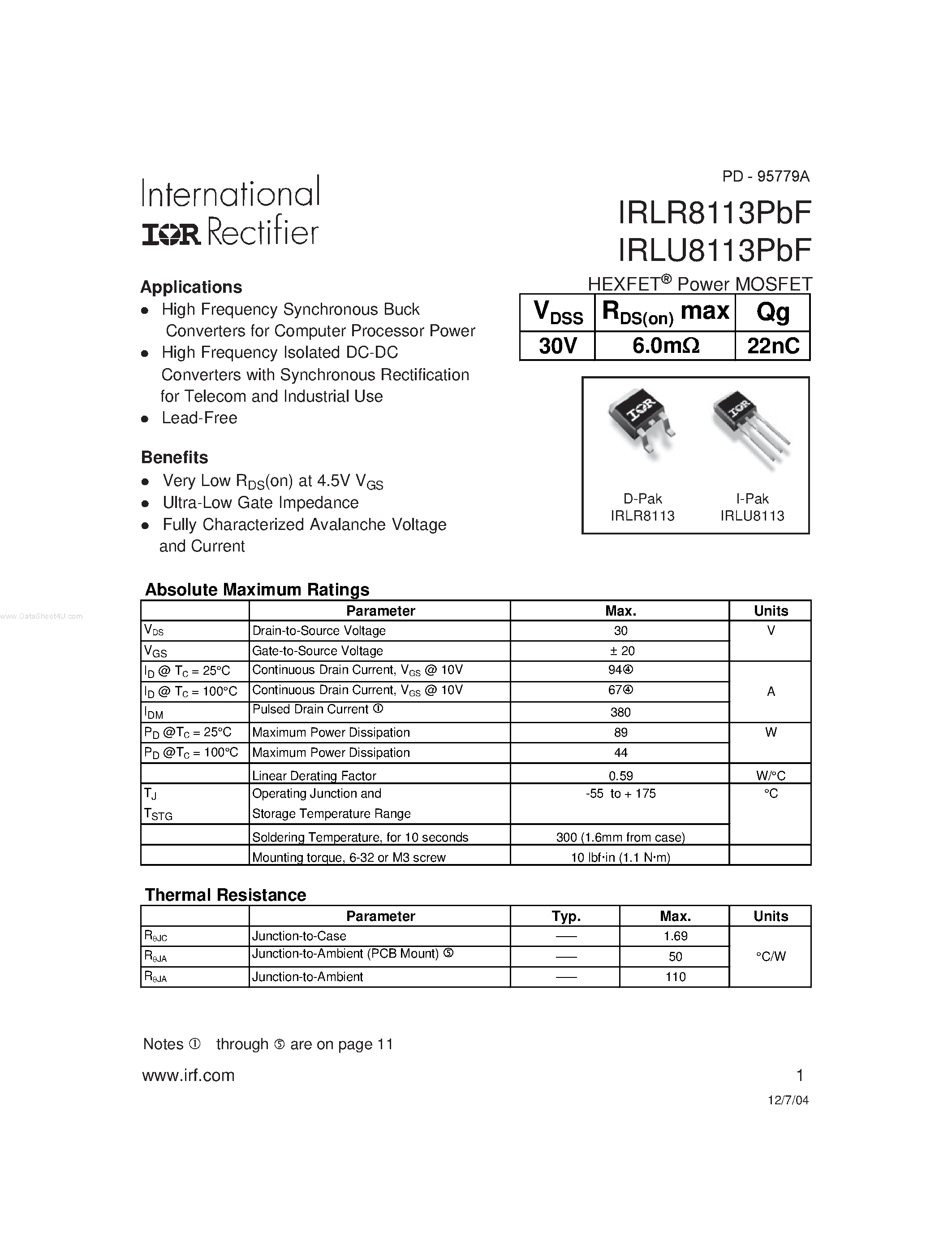 Даташит IRLR8113PBF - HEXFET Power MOSFET страница 1